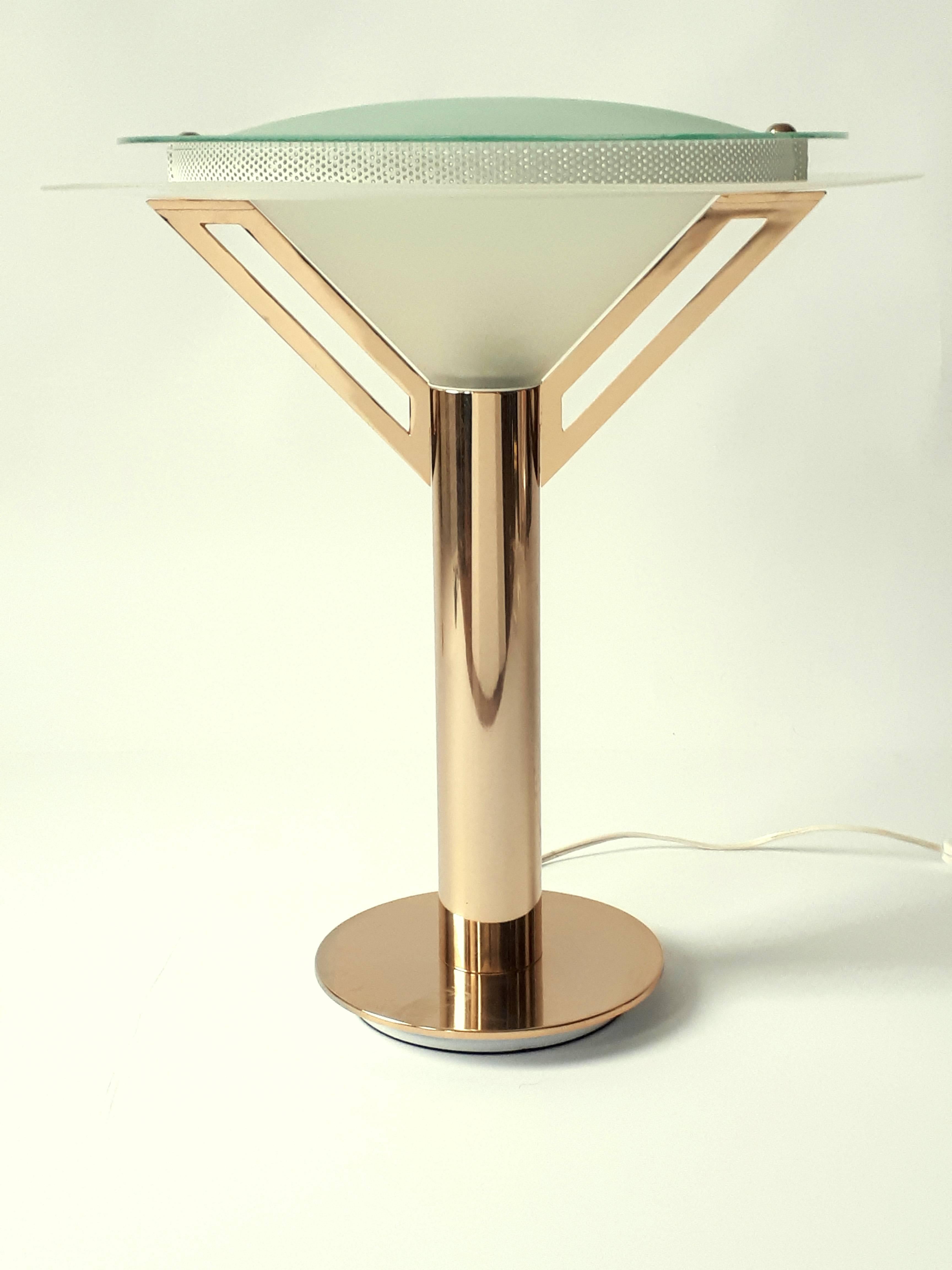 Italian Art Deco Style Gold-Plated &  Glass Table Lamp, 1980s ,  Italia For Sale