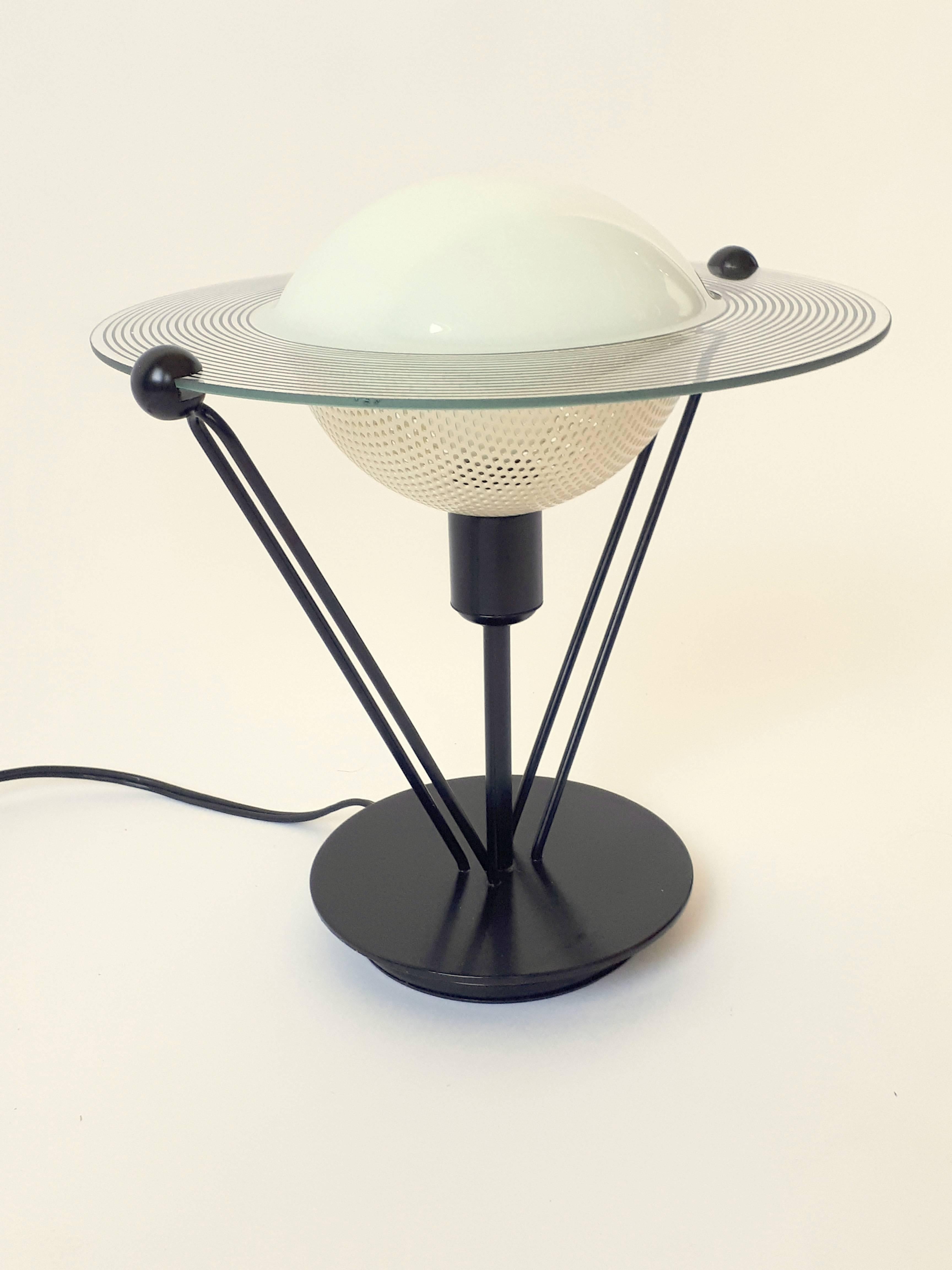 Enameled Saturn Shaped Glass Table Lamp, 1980s, Italia