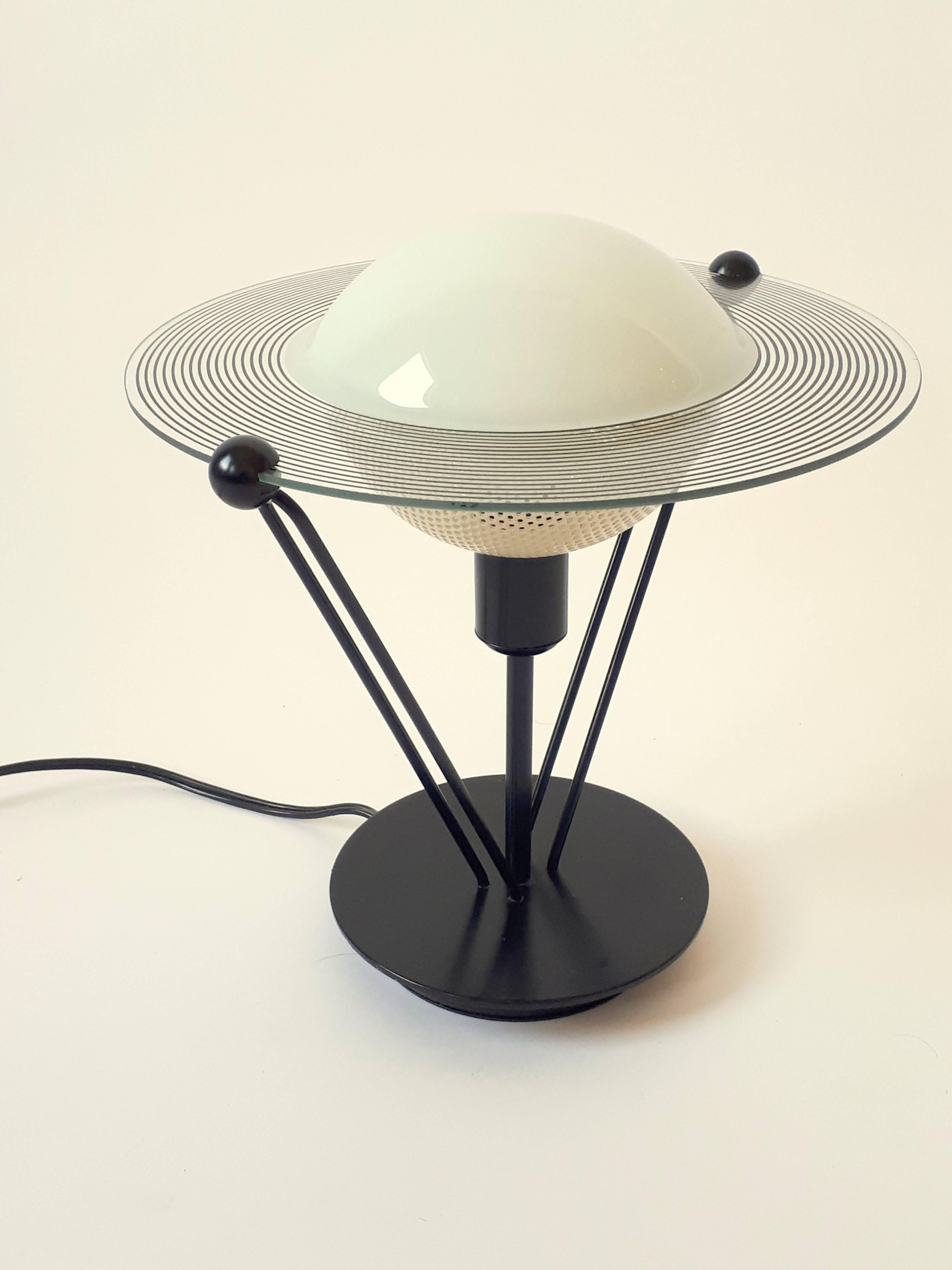 Metal Saturn Shaped Glass Table Lamp, 1980s, Italia