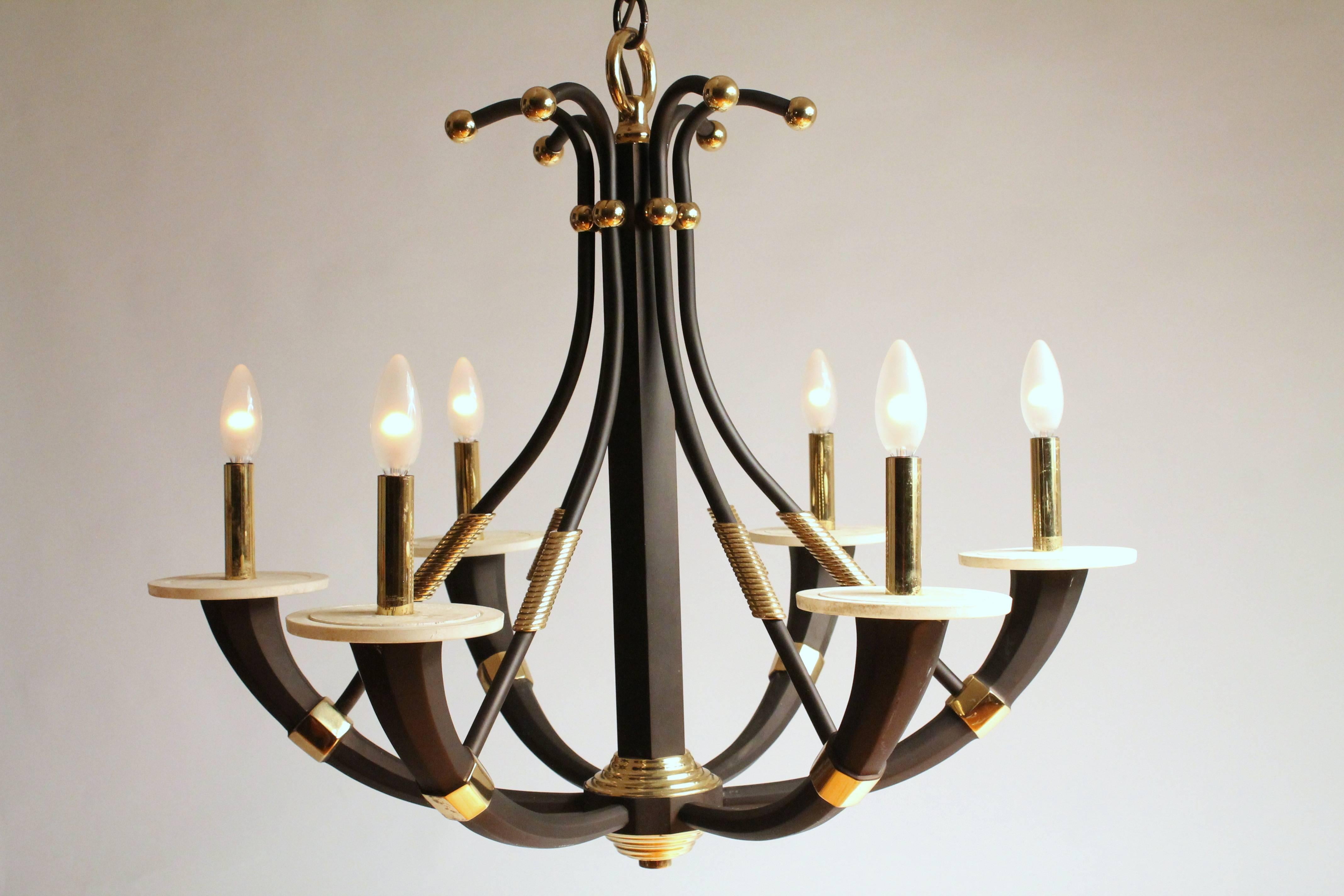 All brass modern chandelier with a dark brown anodized matte finish.

25 pounds of pure thick casted brass.

Well made, solid construction with prime quality material. 

The white supportive disc are made of deep etched glass to make them looks like