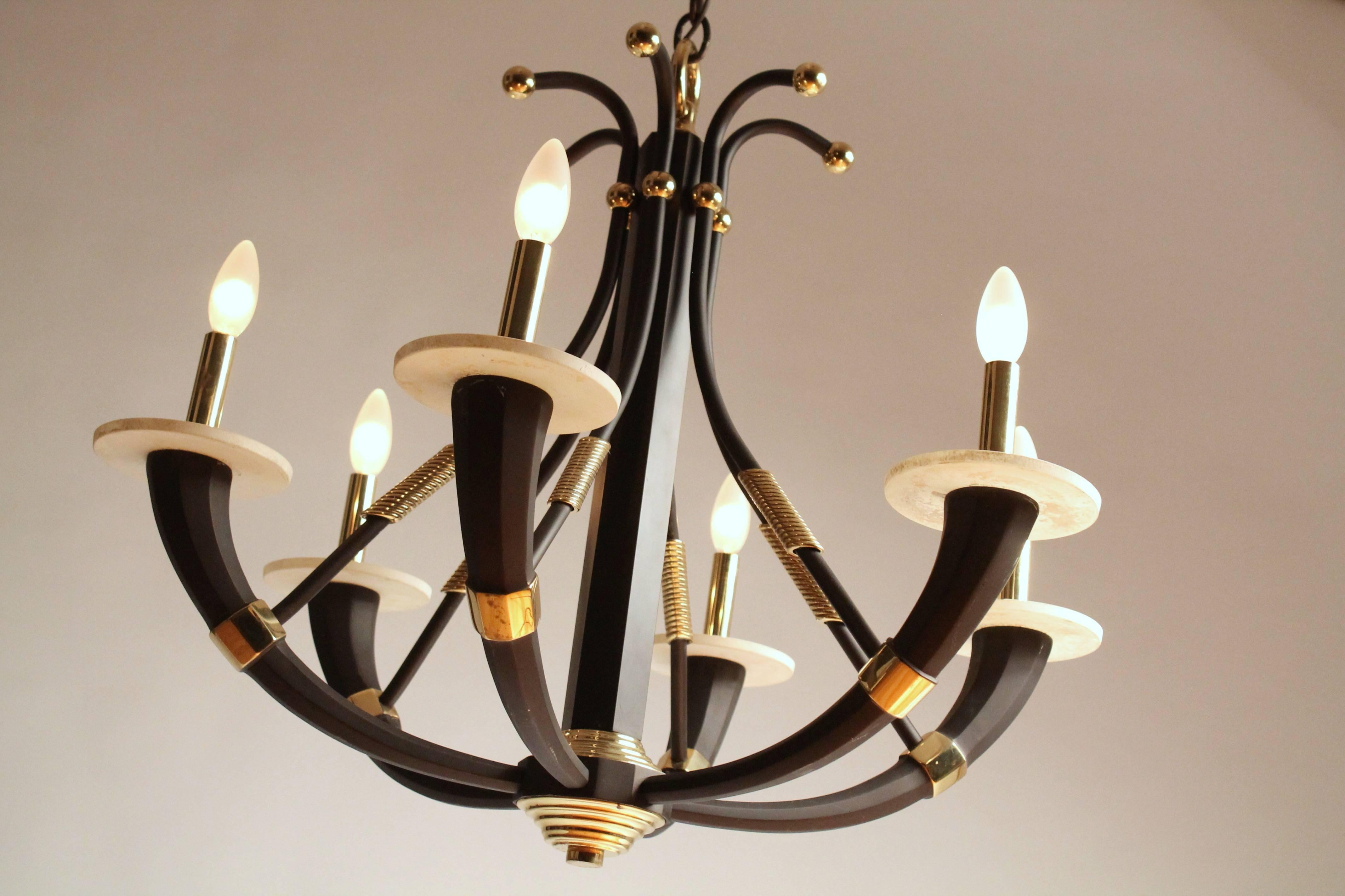 Modern Solid Brass Six Arms Chandelier, 1980s, Italia For Sale