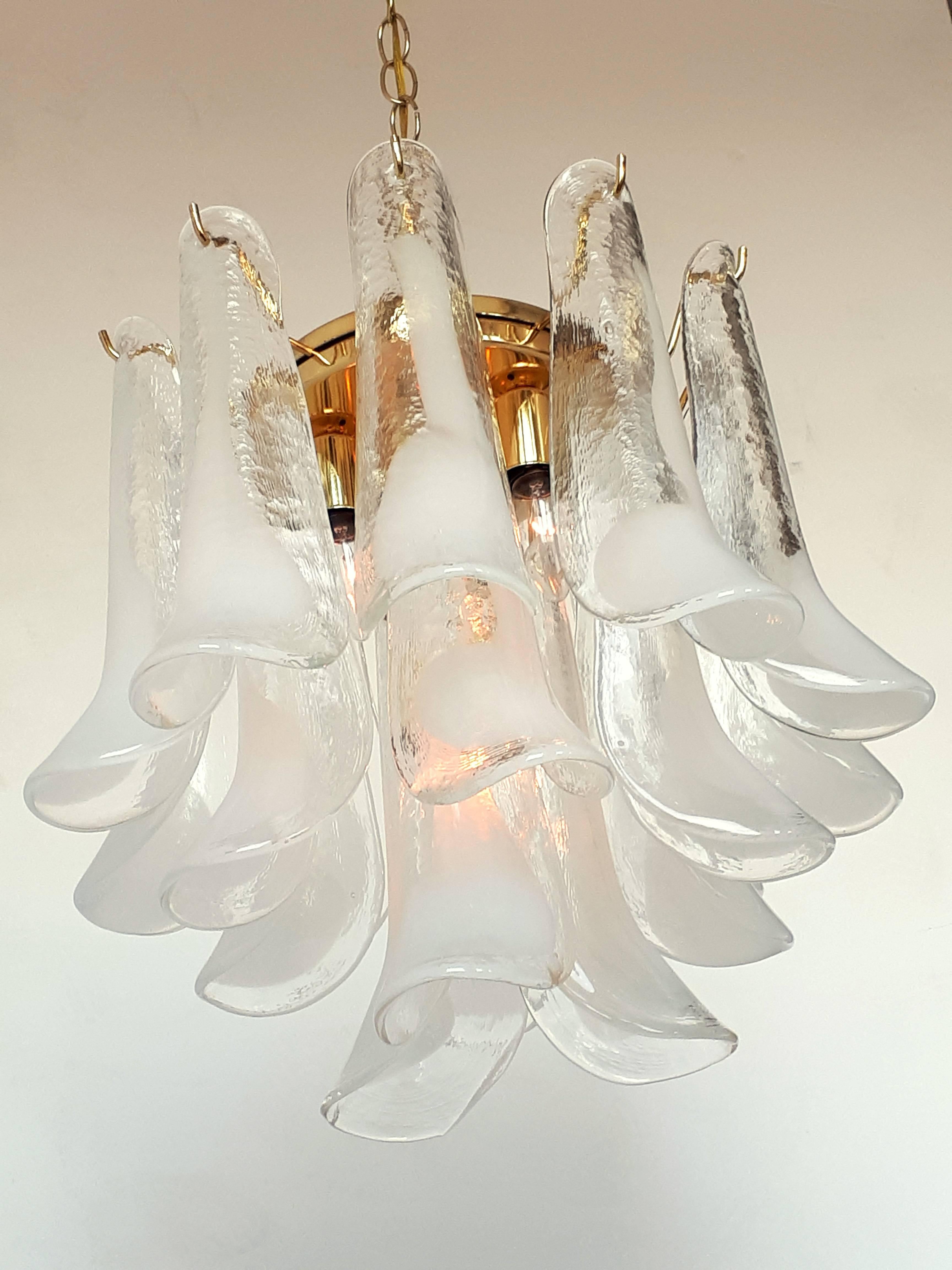 Mouth blowed thick texturized sculptural clear glass petal with milky white streak.

Brass-plated frame. 

Contain four regular E26 socket rated at 60 watts max each. 

Fixture measure 21 in high by 18 in wide. 

Chain length is 41 in. Could