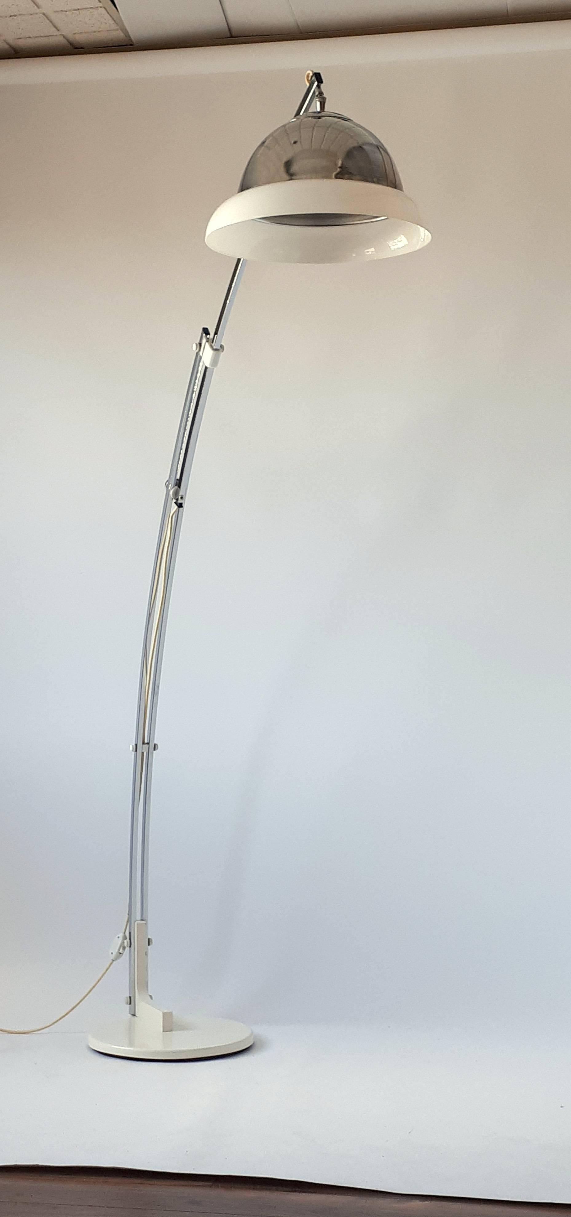 Extra tall 78 inches high Floor / Arc lamp . Does slide down to 62  inches . 

Adjustable vented chrome shade with opale acrylic outer ring.

Shade measure 16 inches at widest point . 

Total weight  is 30 pounds . 

Contain one E26 regular size