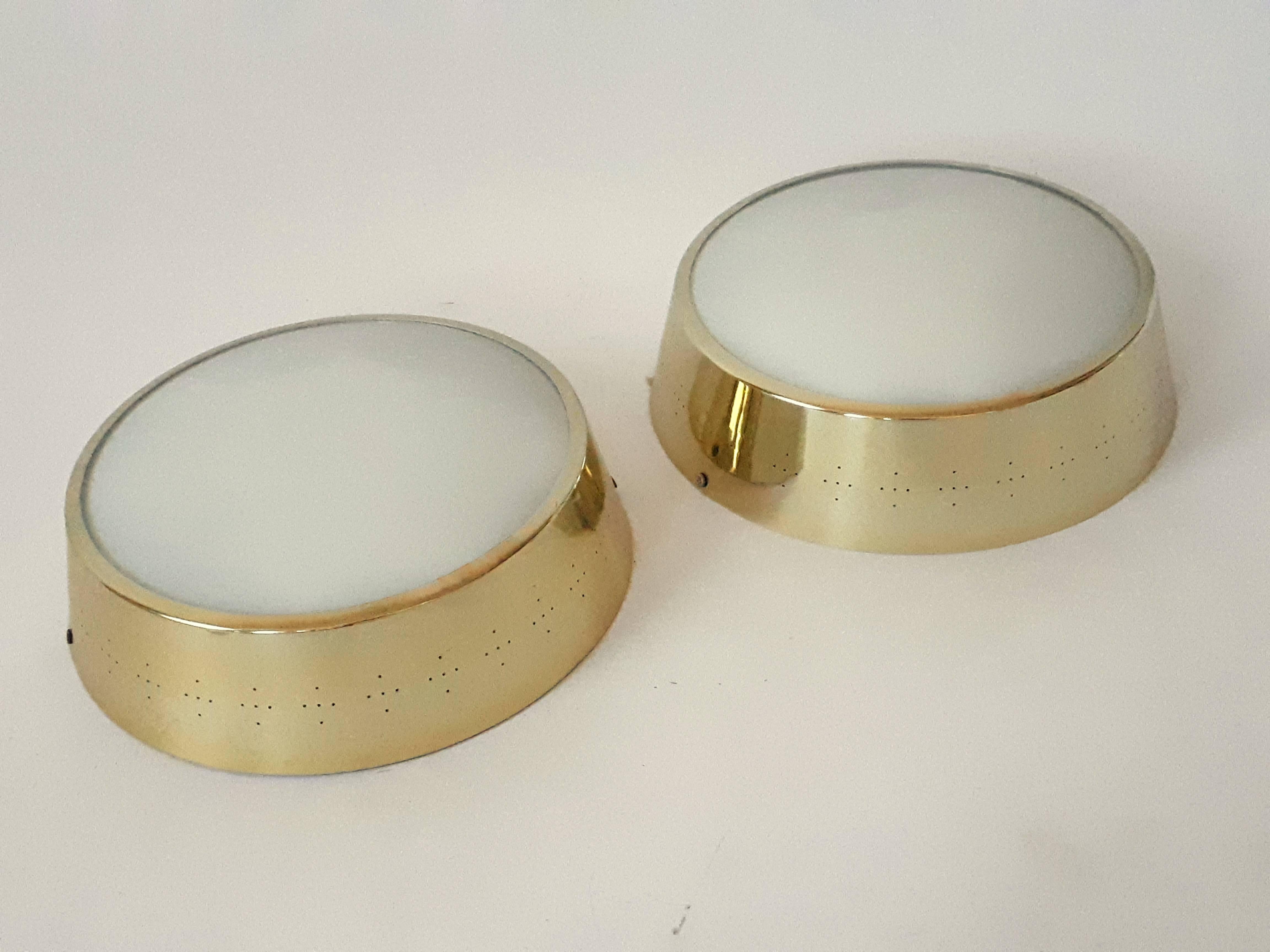 Mid-Century Modern Pair of Large Brass-Plated Pierced Flush Mount, 1950s, USA