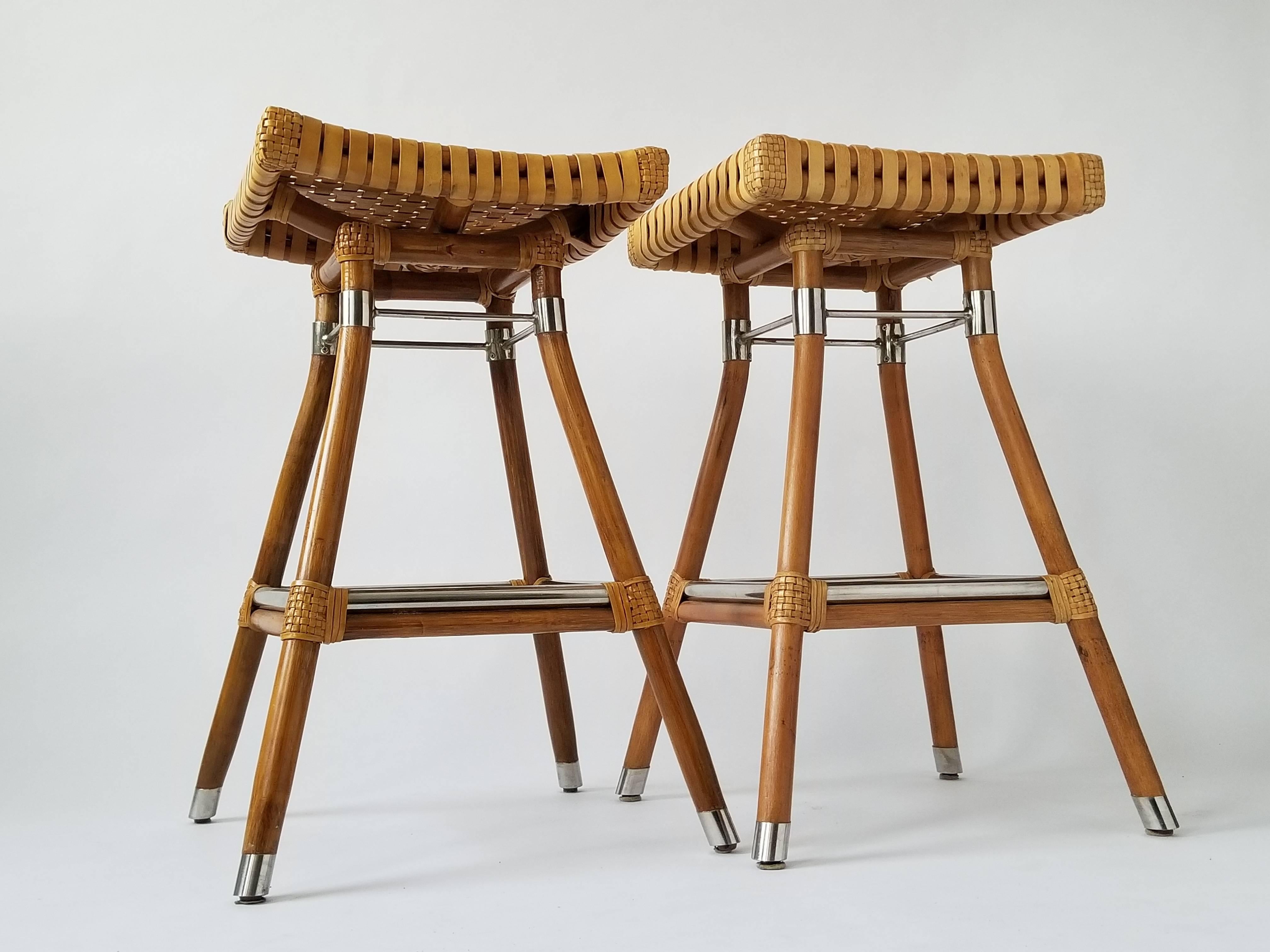 American Exceptional Pair of McGuire Bamboo Bar Stool with Rawhide Seating, 1980s, USA