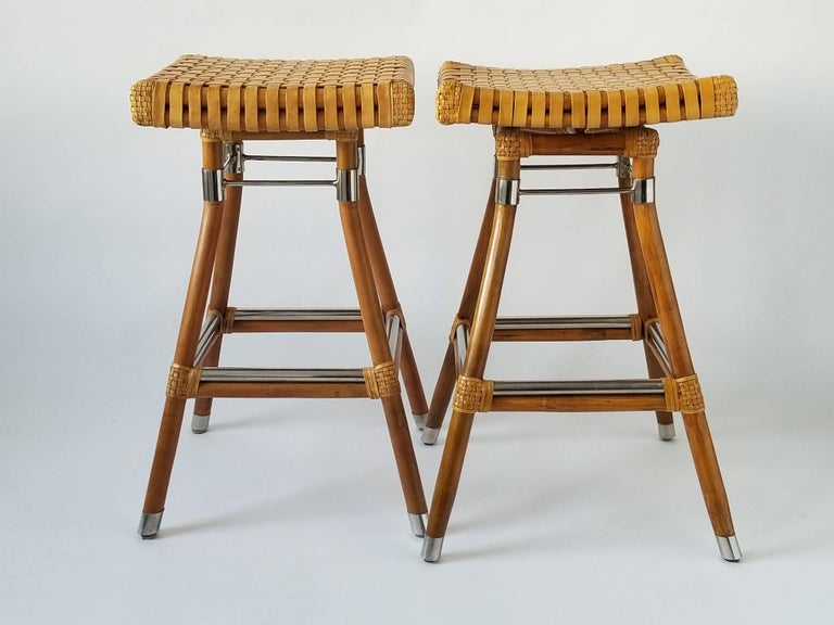 Exceptional Pair of McGuire Bamboo Bar Stool with Rawhide Seating