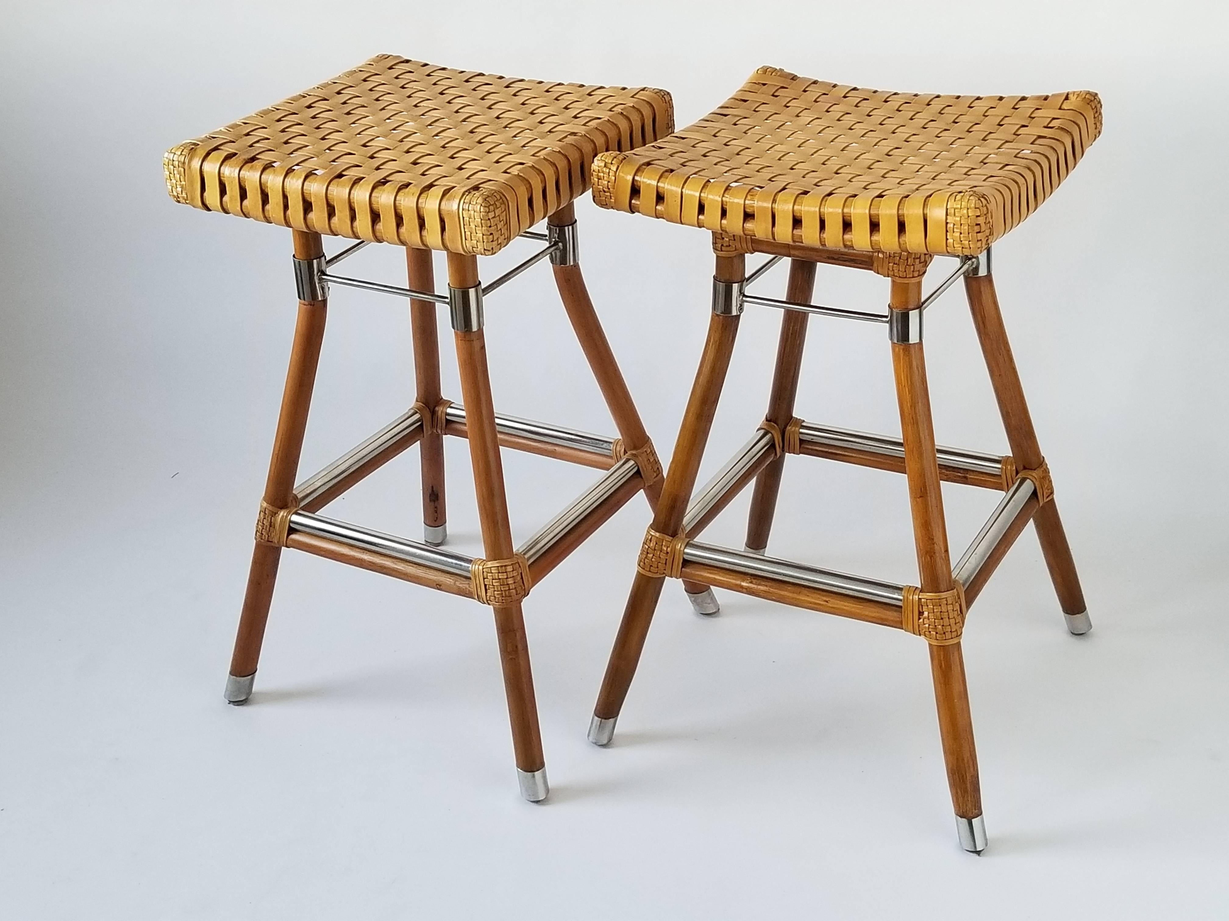 Modern Exceptional Pair of McGuire Bamboo Bar Stool with Rawhide Seating, 1980s, USA