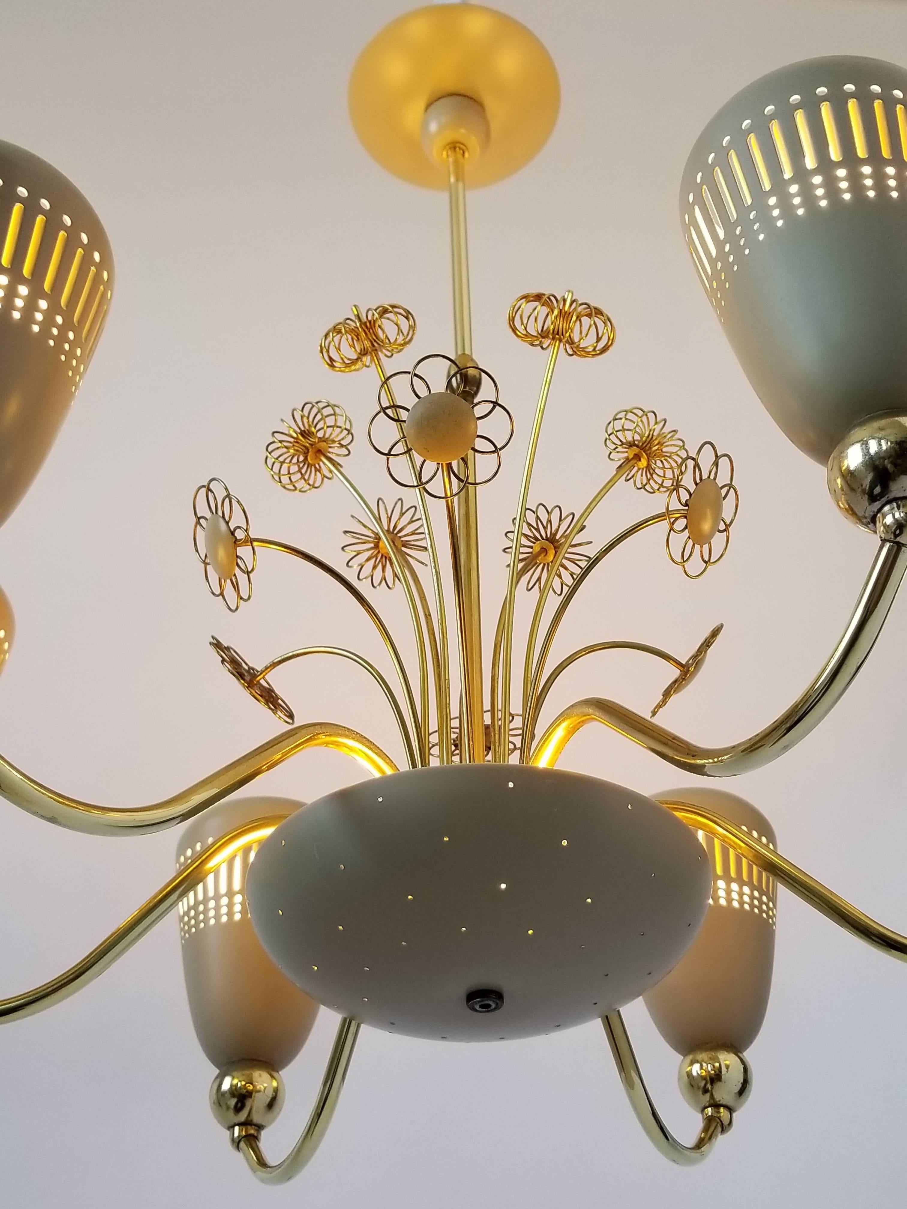 American Lightolier Six-Arm Brass Chandelier in the style of  Paavo Tynell, 1950s, USA