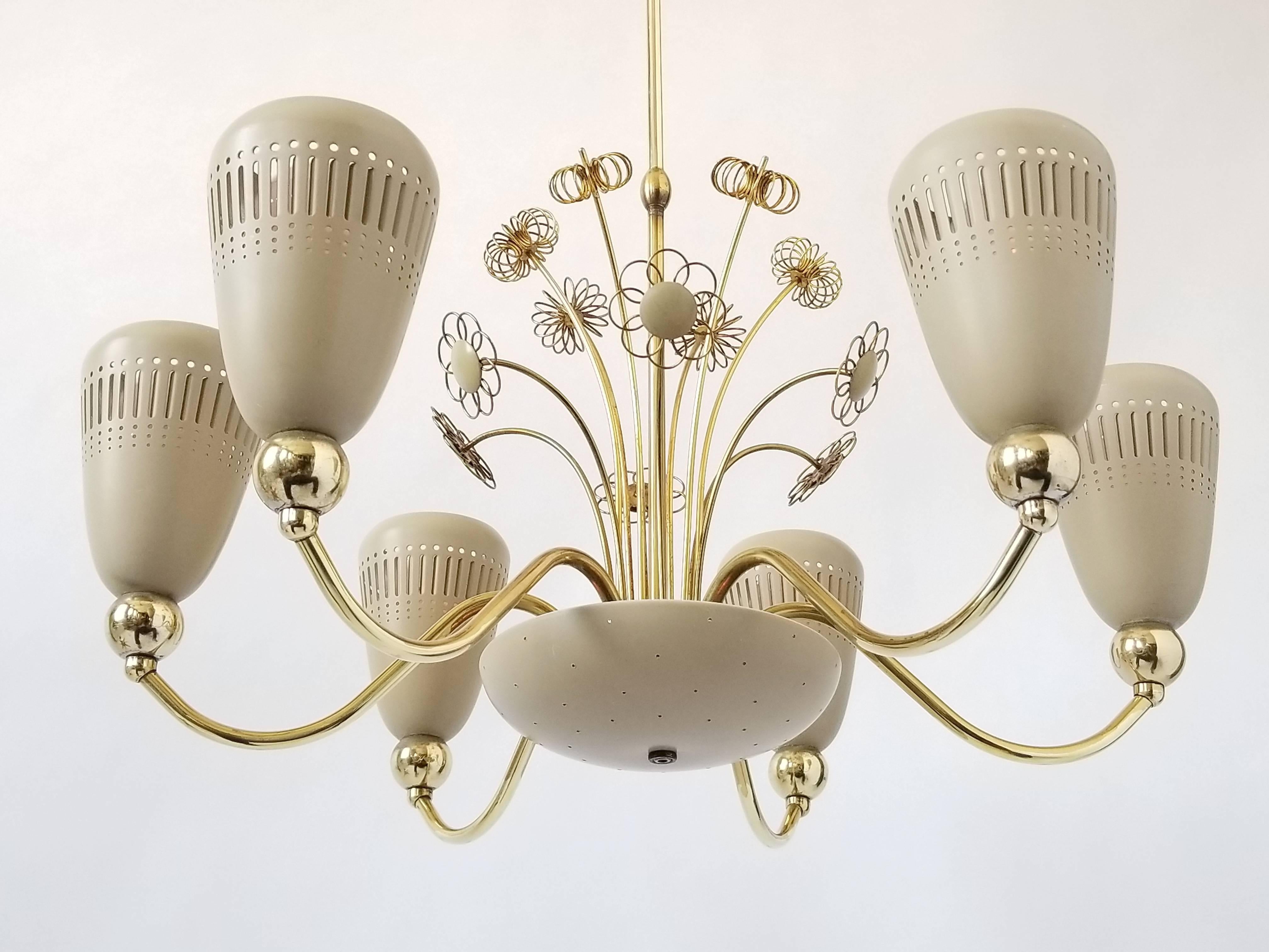 Enameled Lightolier Six-Arm Brass Chandelier in the style of  Paavo Tynell, 1950s, USA