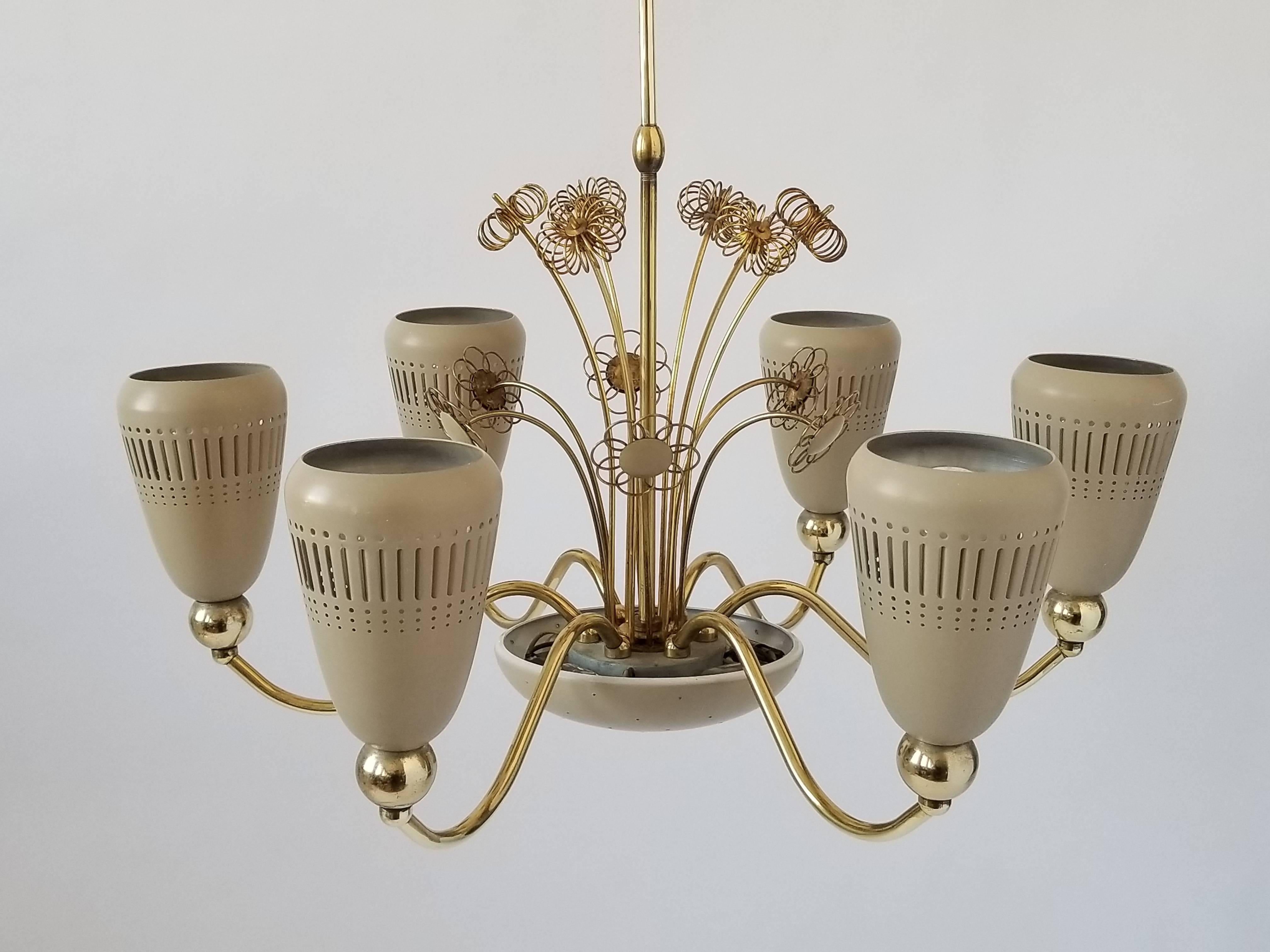 Lightolier Six-Arm Brass Chandelier in the style of  Paavo Tynell, 1950s, USA 2