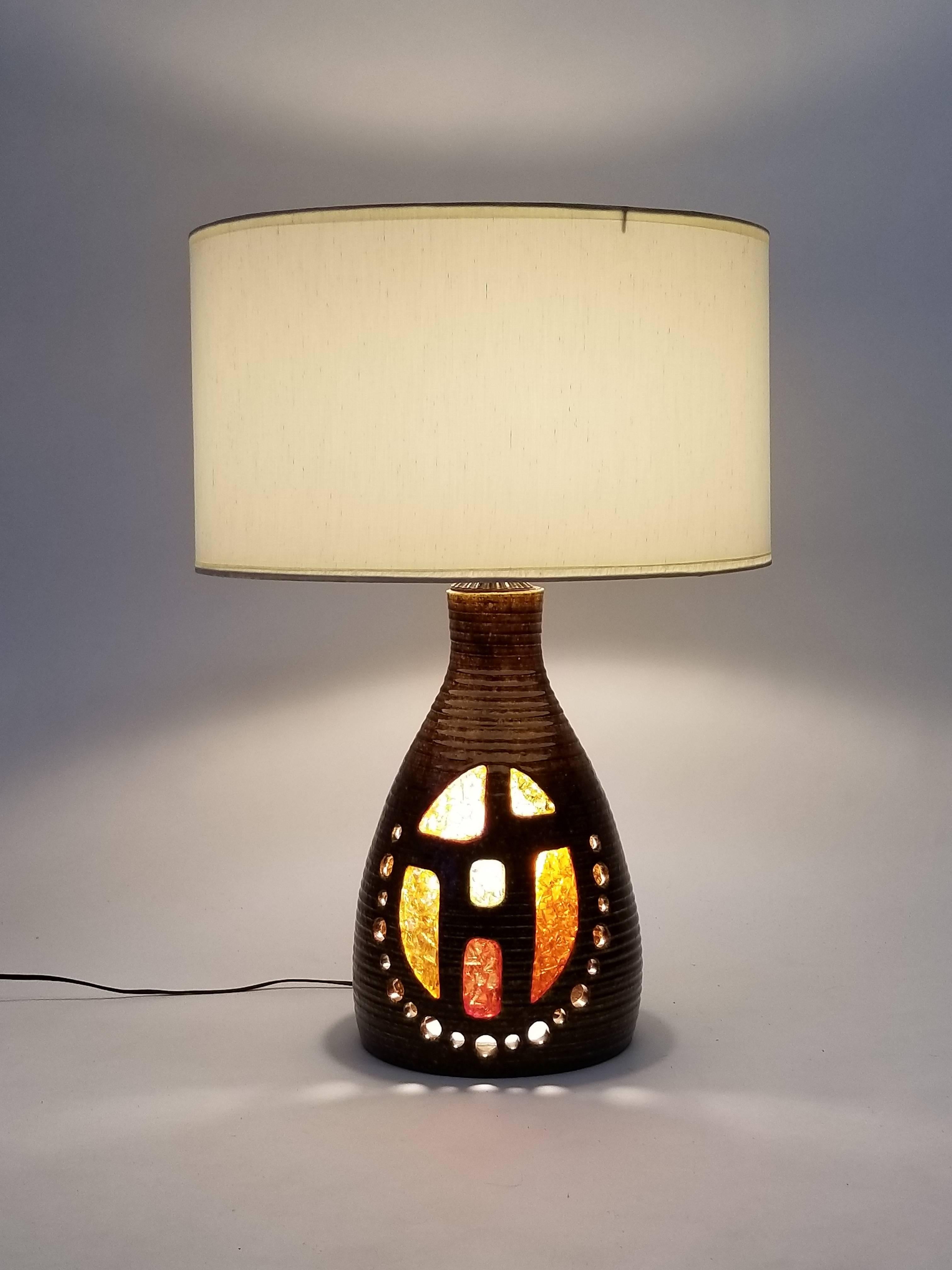 Mid-Century Modern 1960s Georges Pelletier Ceramic Table Lamp with Resin Inlay,  Accolay ,  France