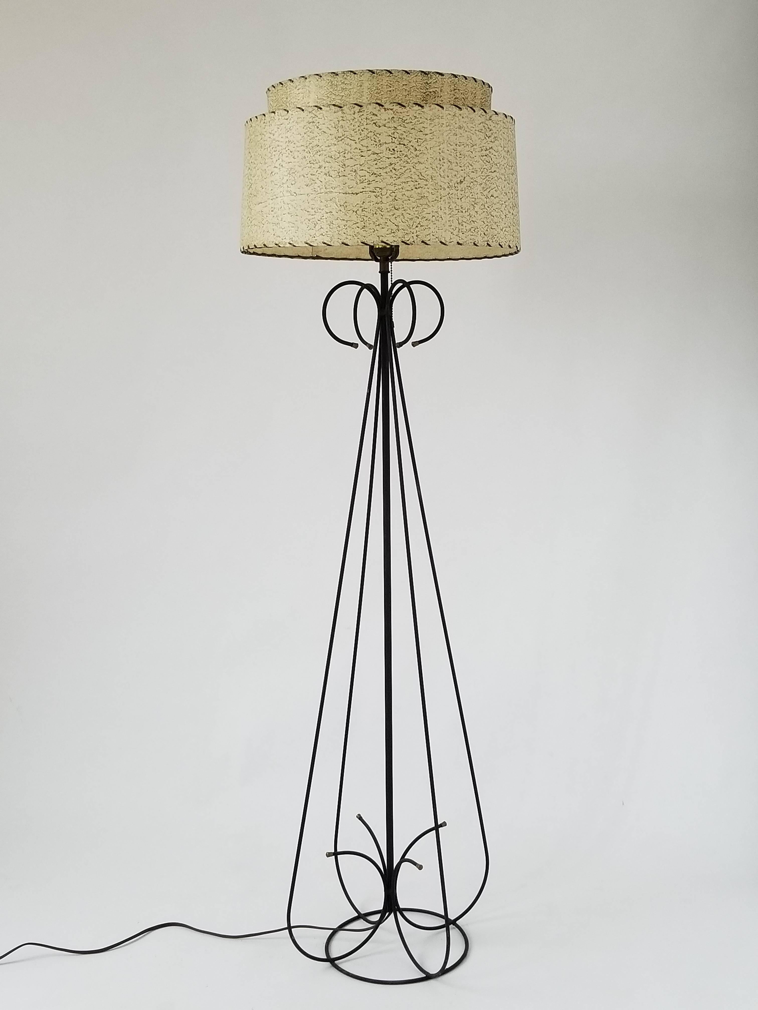 Structure made of enameled steel wire. 

Contain one E26 size socket rated at 100 watt max. 

On/off pull chain 

Fiberglass shade supplied with order. Measure 17.5 in wide x 10 in. high. 

Lamp with shade measure 59 inches high.