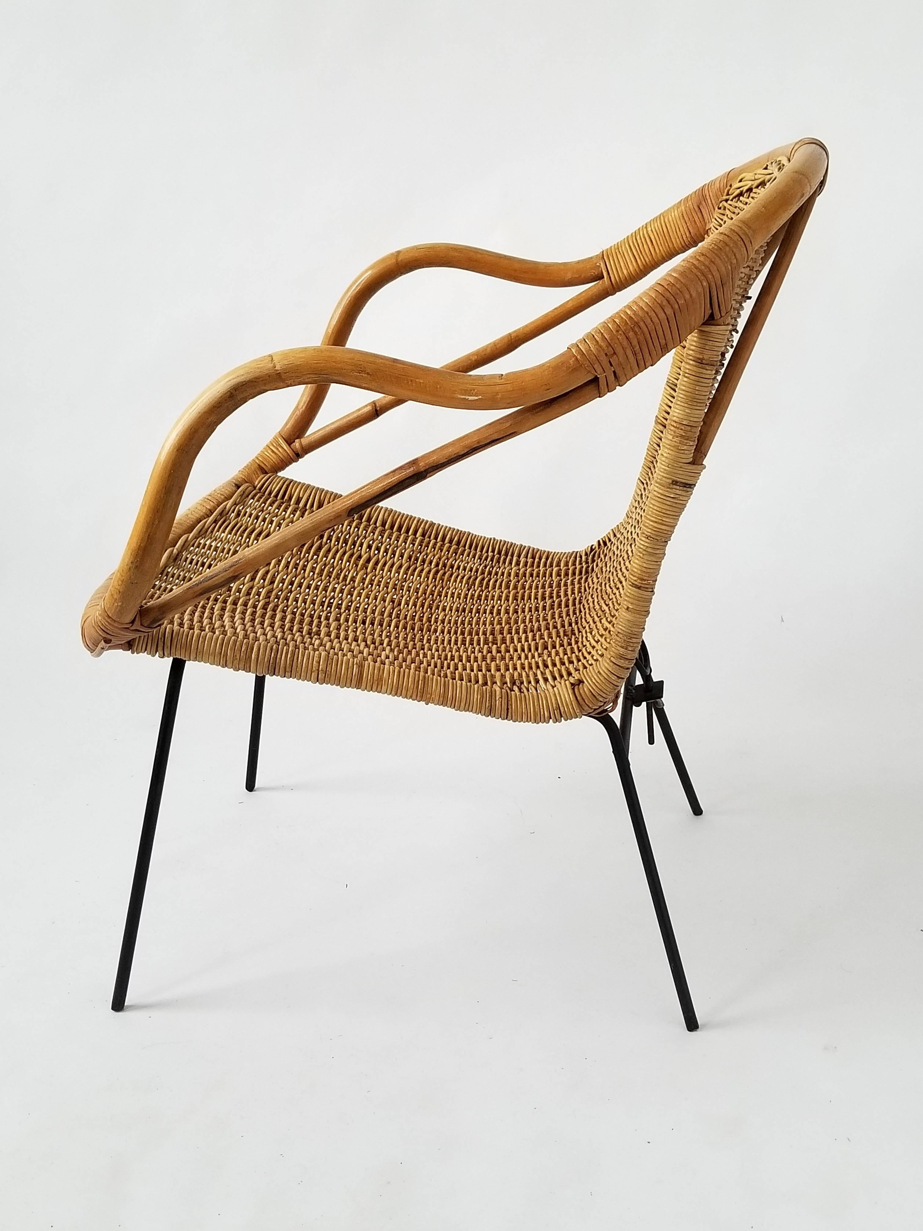 Mid-Century Modern 1950s, Wicker Chair on Iron Legs and Structure, Italia 