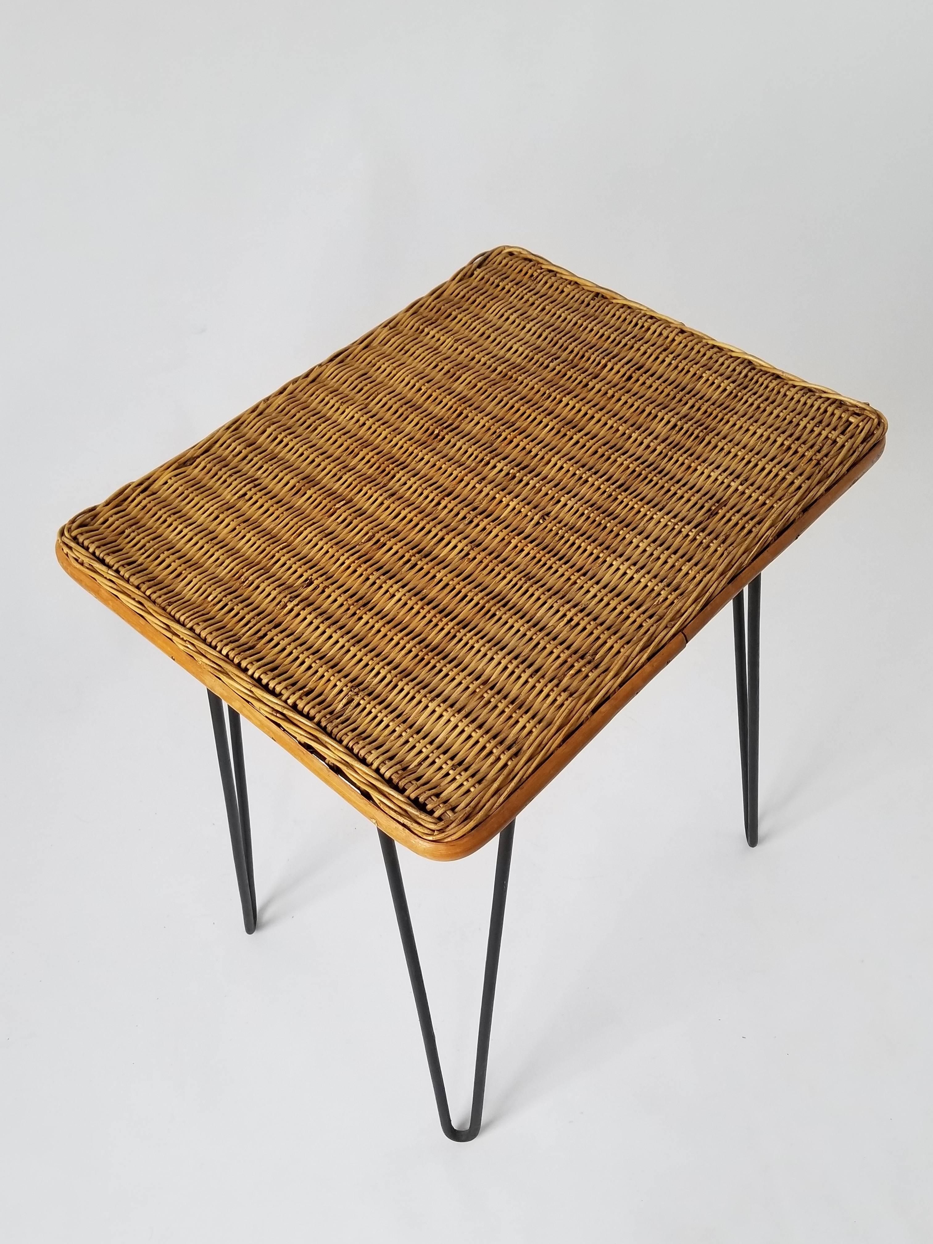 American 1950s Wicker Side Table with Hair Pin Legs, USA
