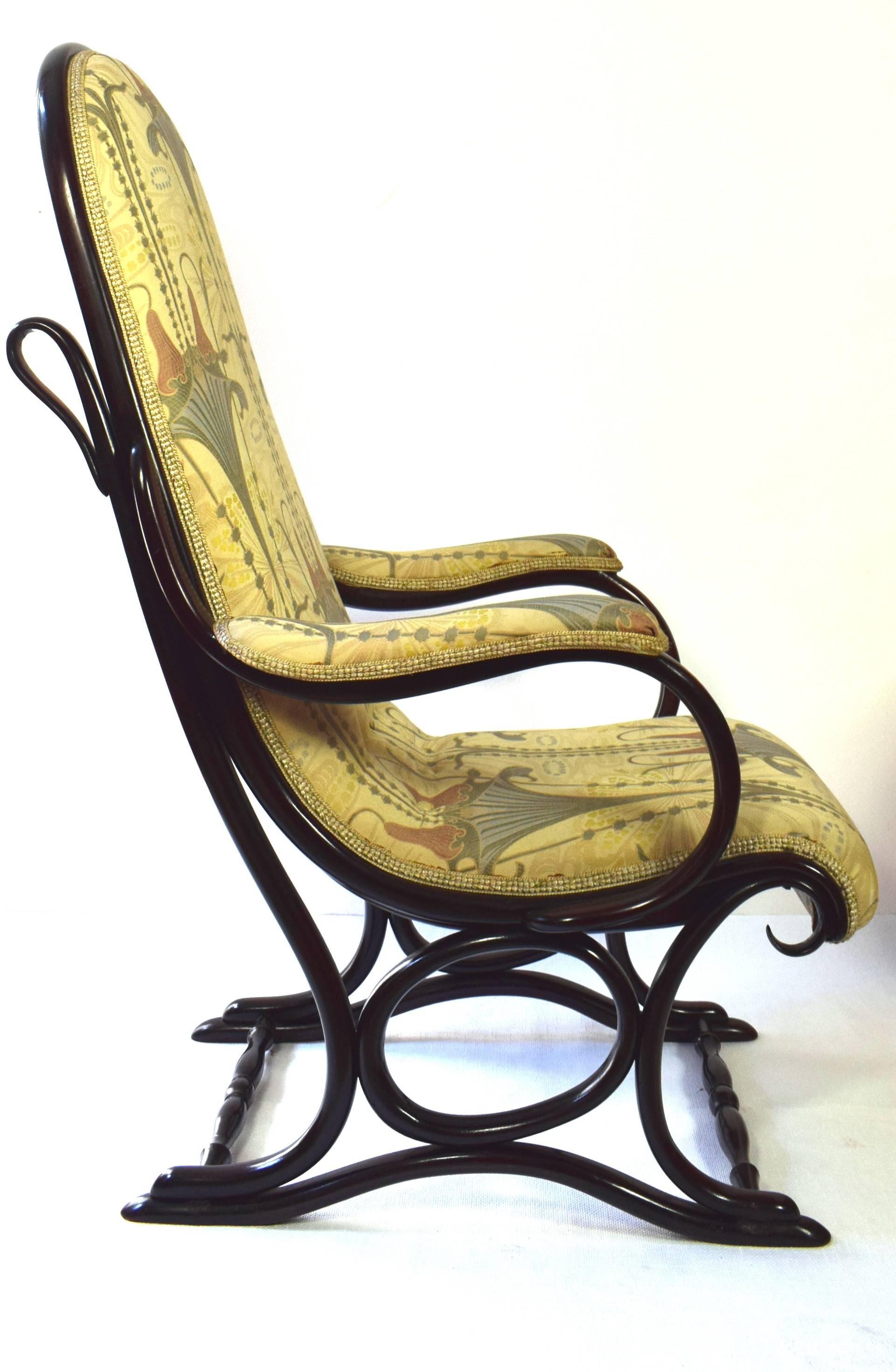 Large living room armchair no. 1. Very good (restored) state. Mahogany Brown stained. Upholstered with original fabric Backhausen 