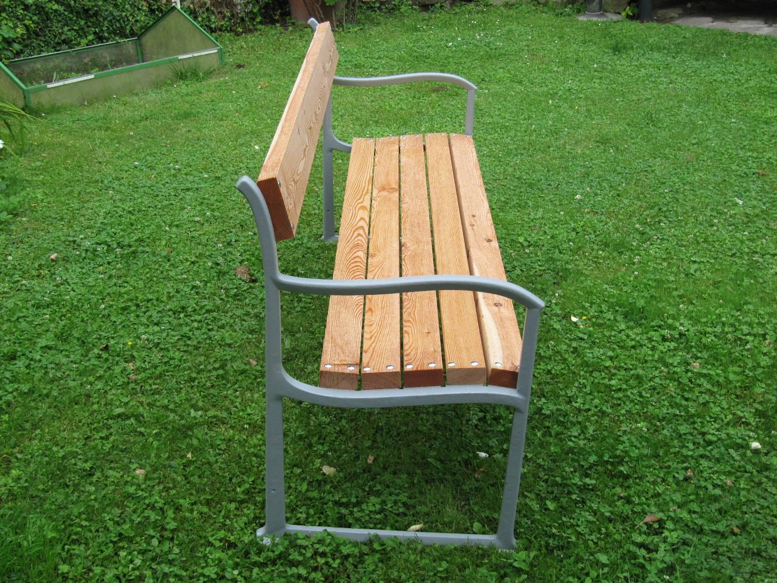 Manufactured by Eisengießerei August Kirschelt’s Erben, Vienna, circa 1900-1905. Lacquered cast iron, wooden slats - from 4 cm thick larch. Fully restored . Total three benches available.
Measures: Height 83 cm, length 180 cm, depth 60 cm, height
