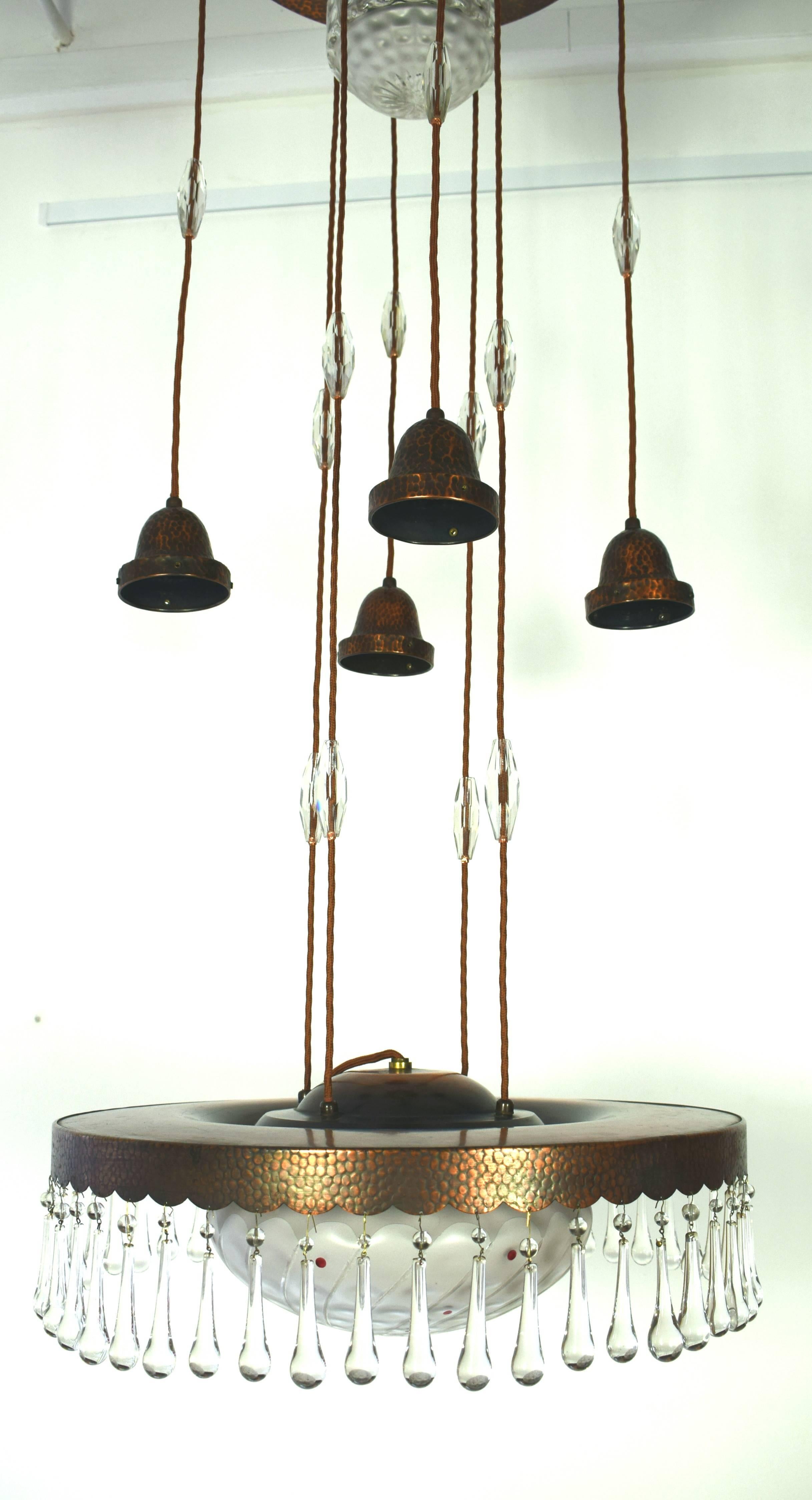 Early 20th Century Large Vienna Secession Chandelier with Two Glass Shades For Sale