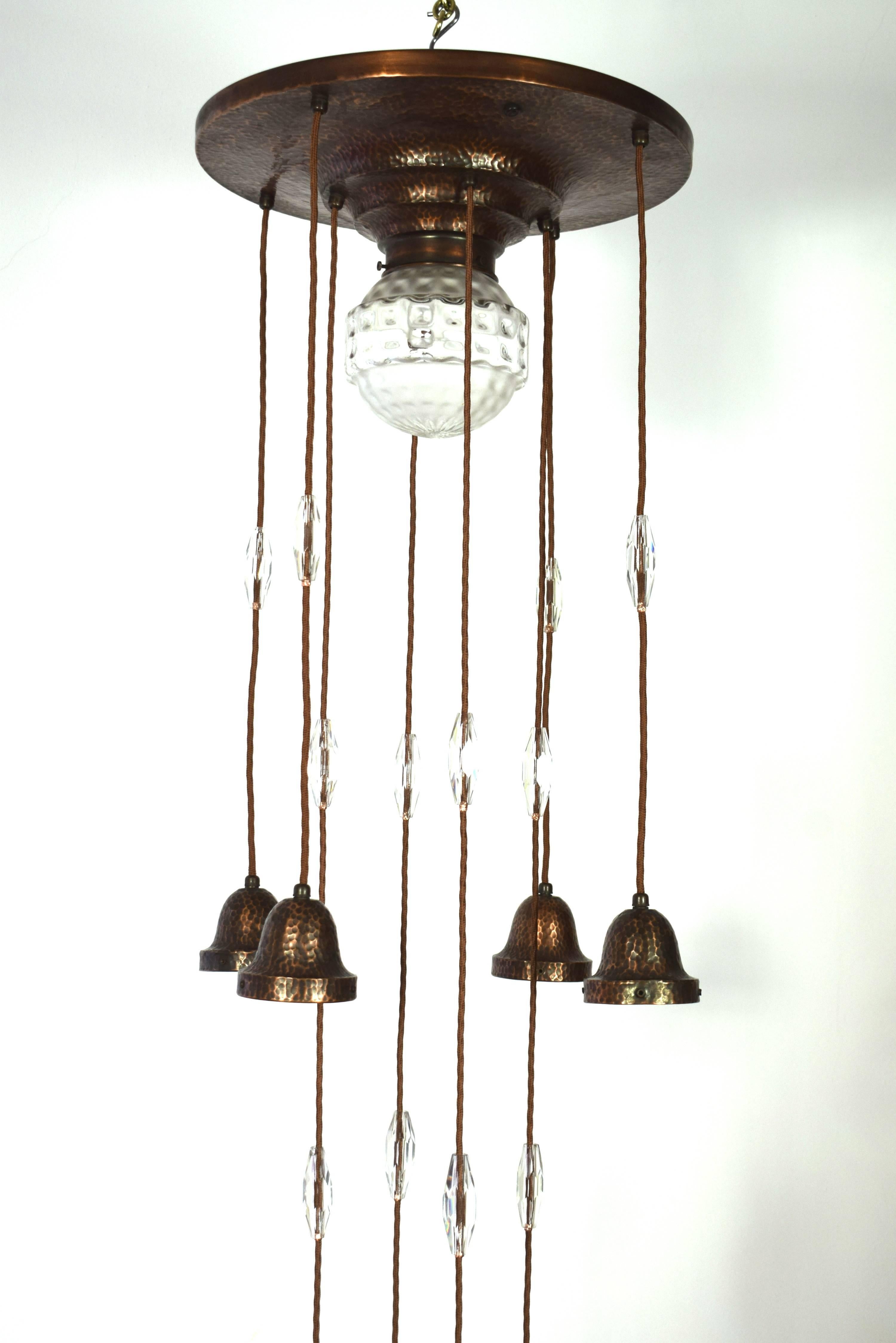 Blown Glass Large Vienna Secession Chandelier with Two Glass Shades For Sale