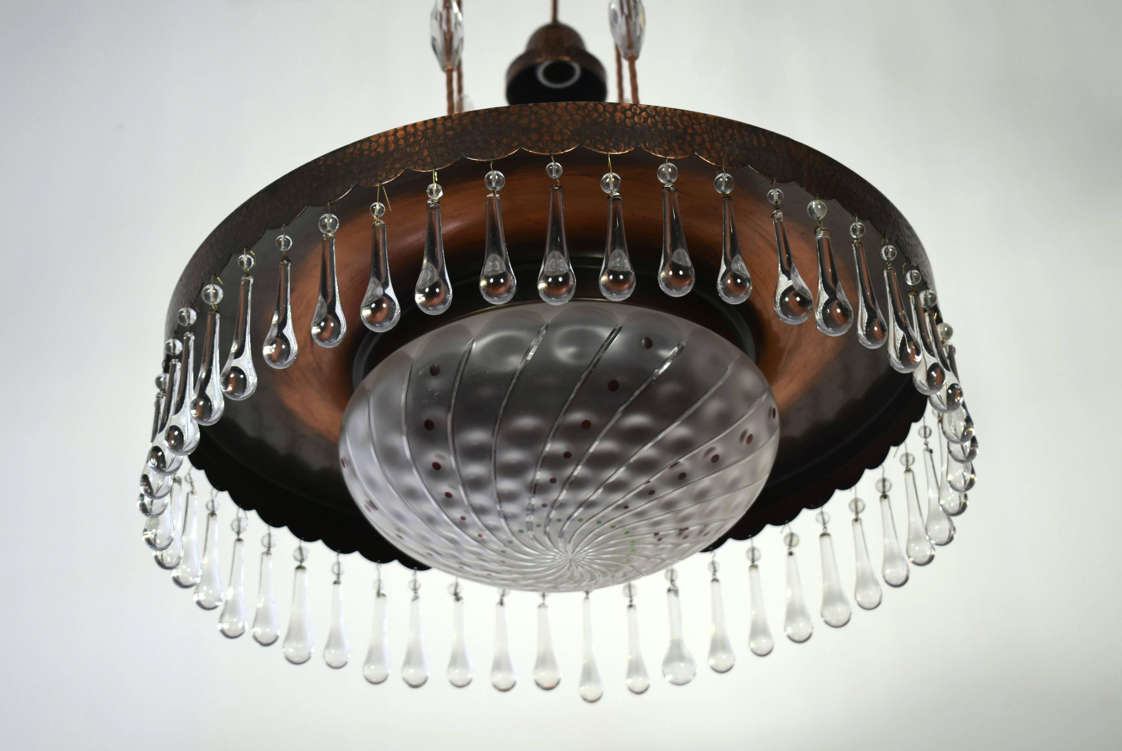 Large Vienna Secession Chandelier with Two Glass Shades For Sale 1