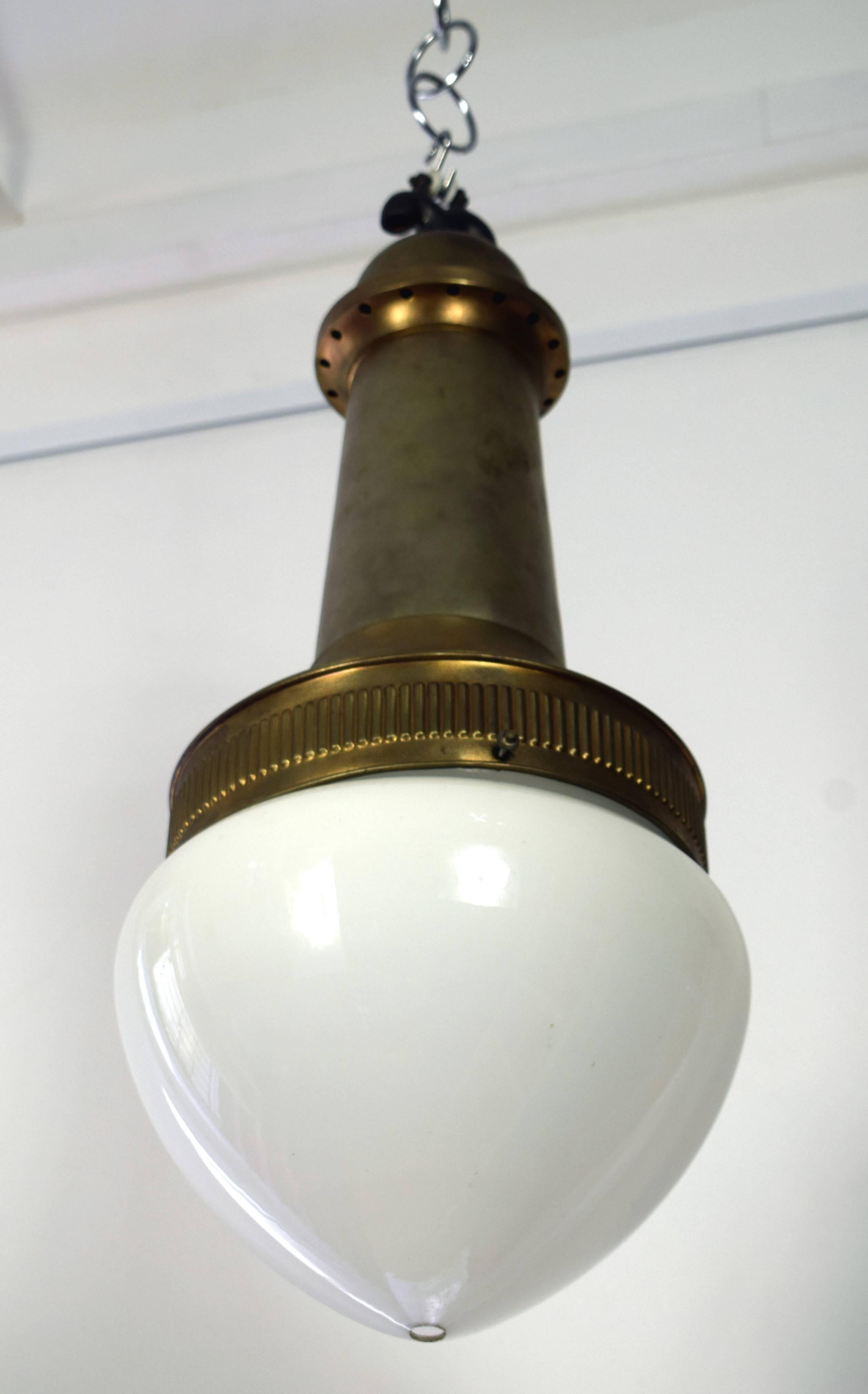 This ceiling lamp (brass) was designed by Otto Wagner for the waiting rooms of the Vienna Stadtbahn. Here is an original, which is hardly available on the market. 
Literature: Siegrfried Wichmann, Jugendstil Floral Funktional; Herrsching 1984, S.