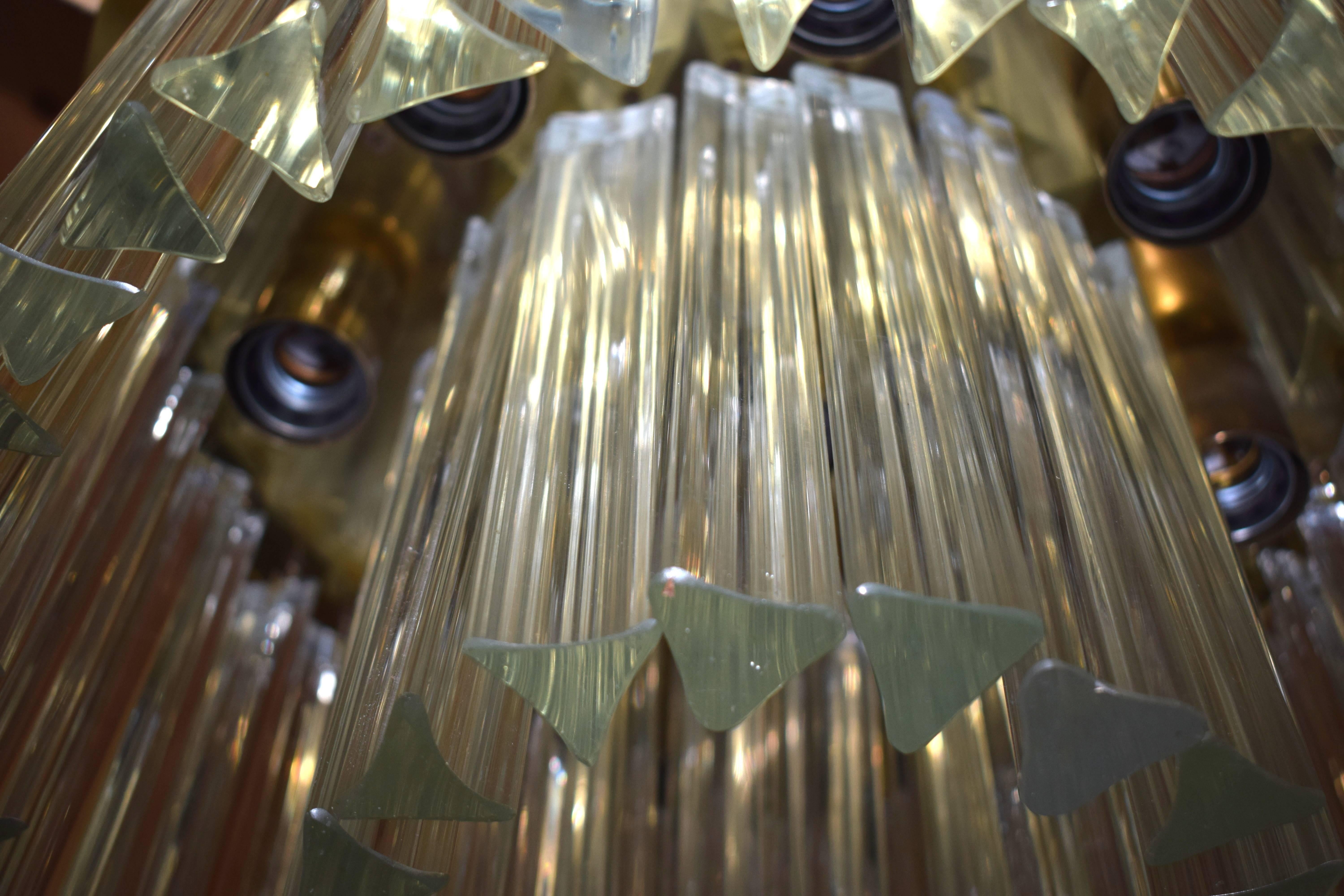 Mid-Century Modern Huge Kalmar Two-Tier Murano Glass Flush Mount with Venini Triedri Crystals For Sale