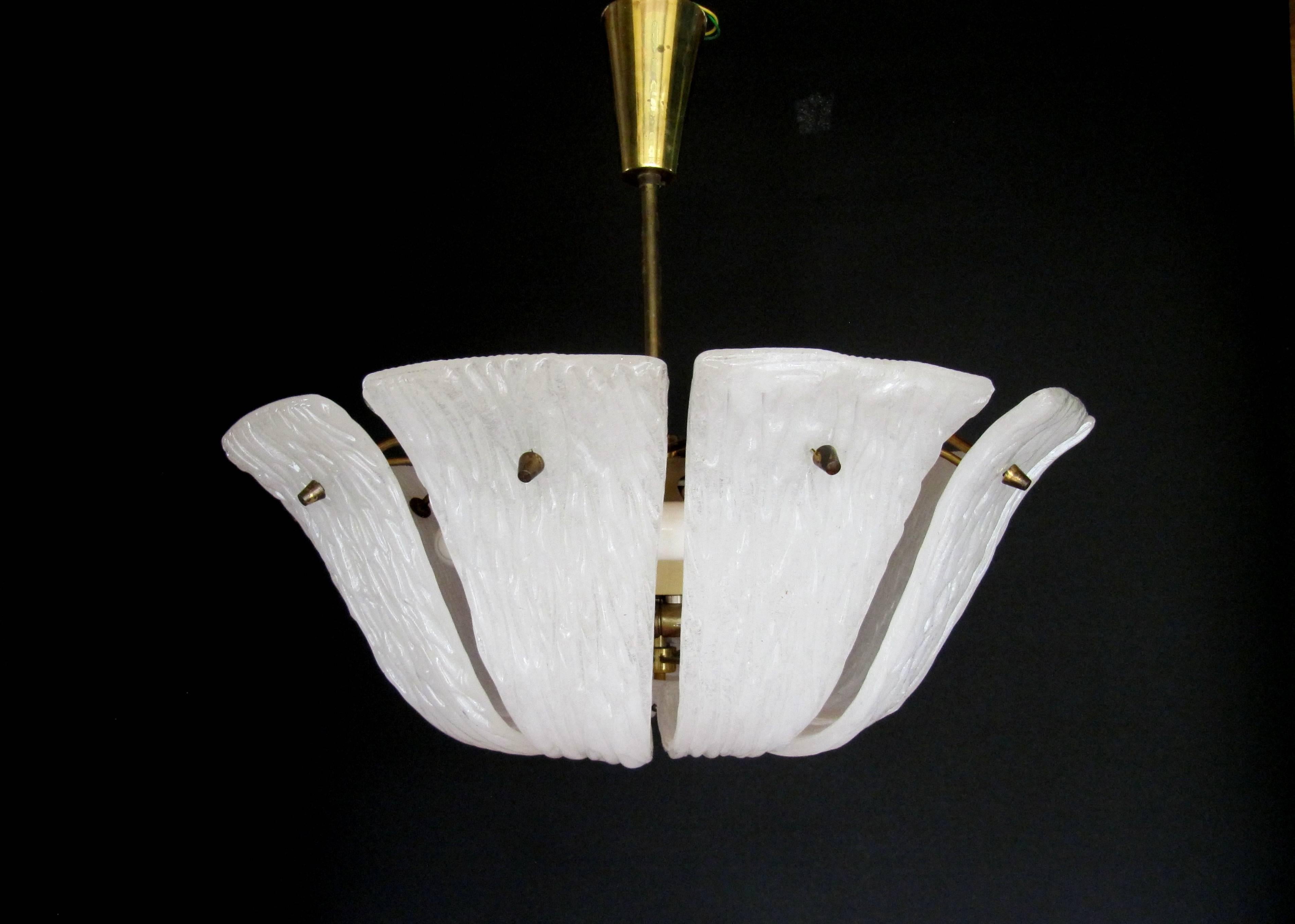 Austrian J. T. Kalmar, Pendant Lamp “Fiorano, ” Curved and Textured Glass For Sale