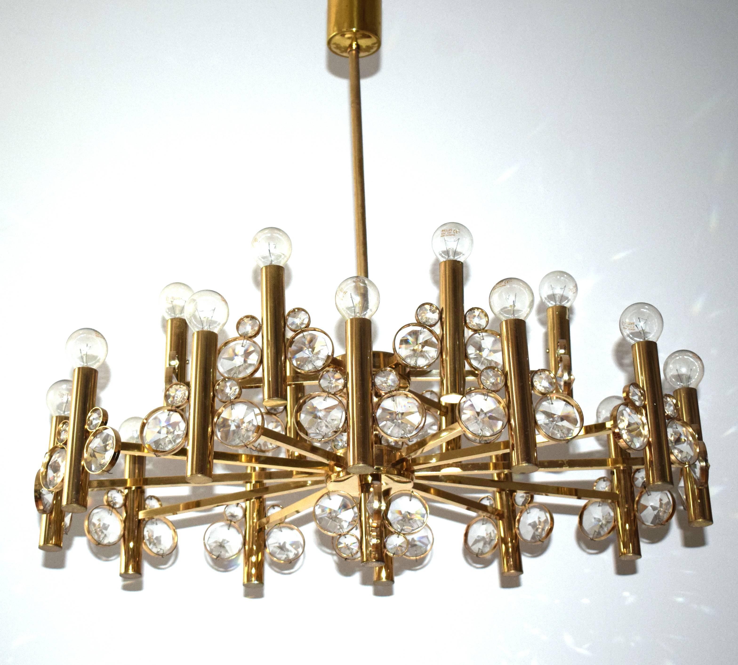 Austrian Large Eighteen-Arm Gold-Plated Brass Chandelier; Bakalowits Attributed For Sale