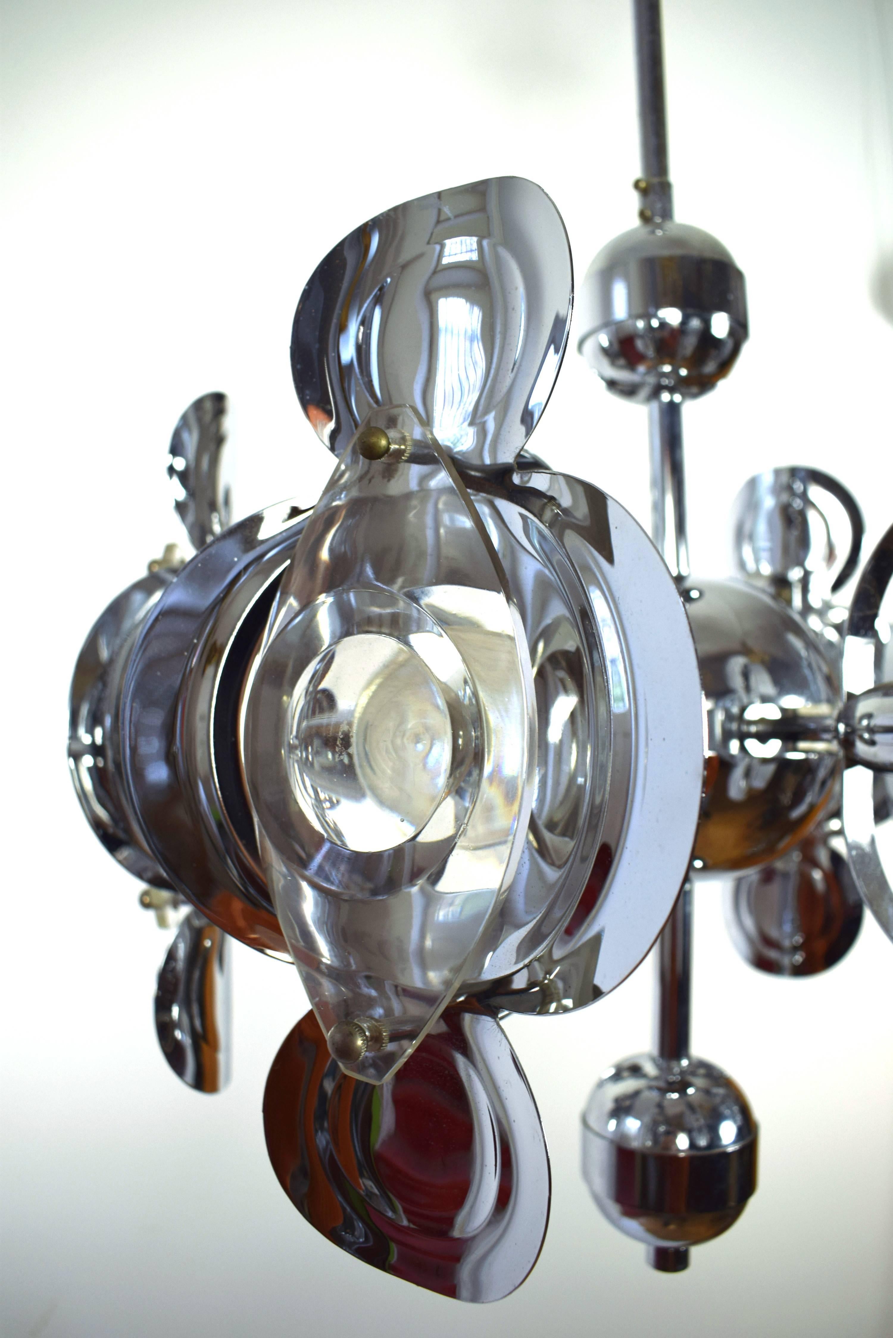 Mid-20th Century Gaetano Sciolari Chrome and Glass Lens Chandelier, 1960s For Sale