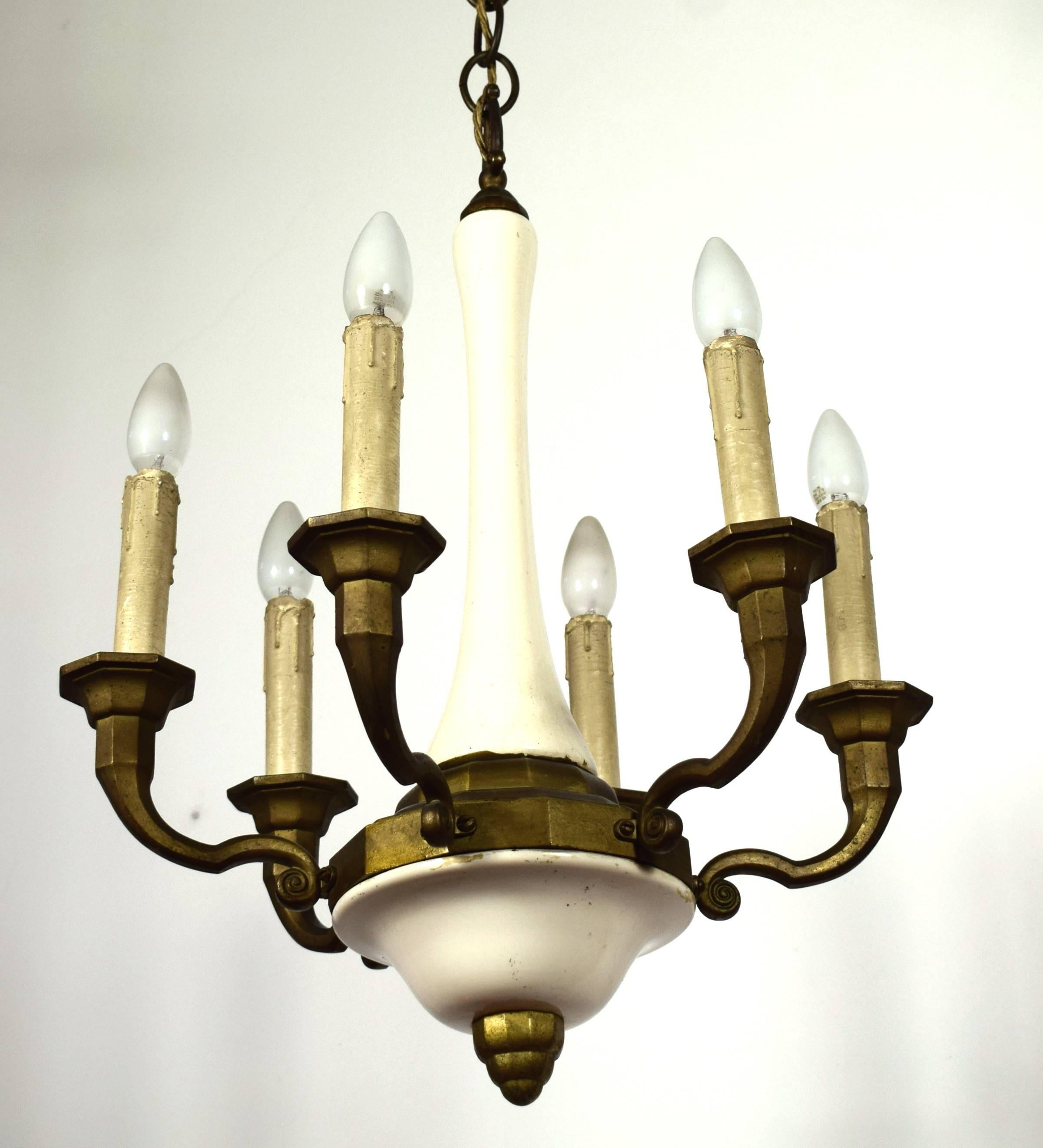 Approximately 120 years old Austrian Baroque style chandelier made of massive brass and ceramic.
Fine patina.
Six e14 bulbs.
 