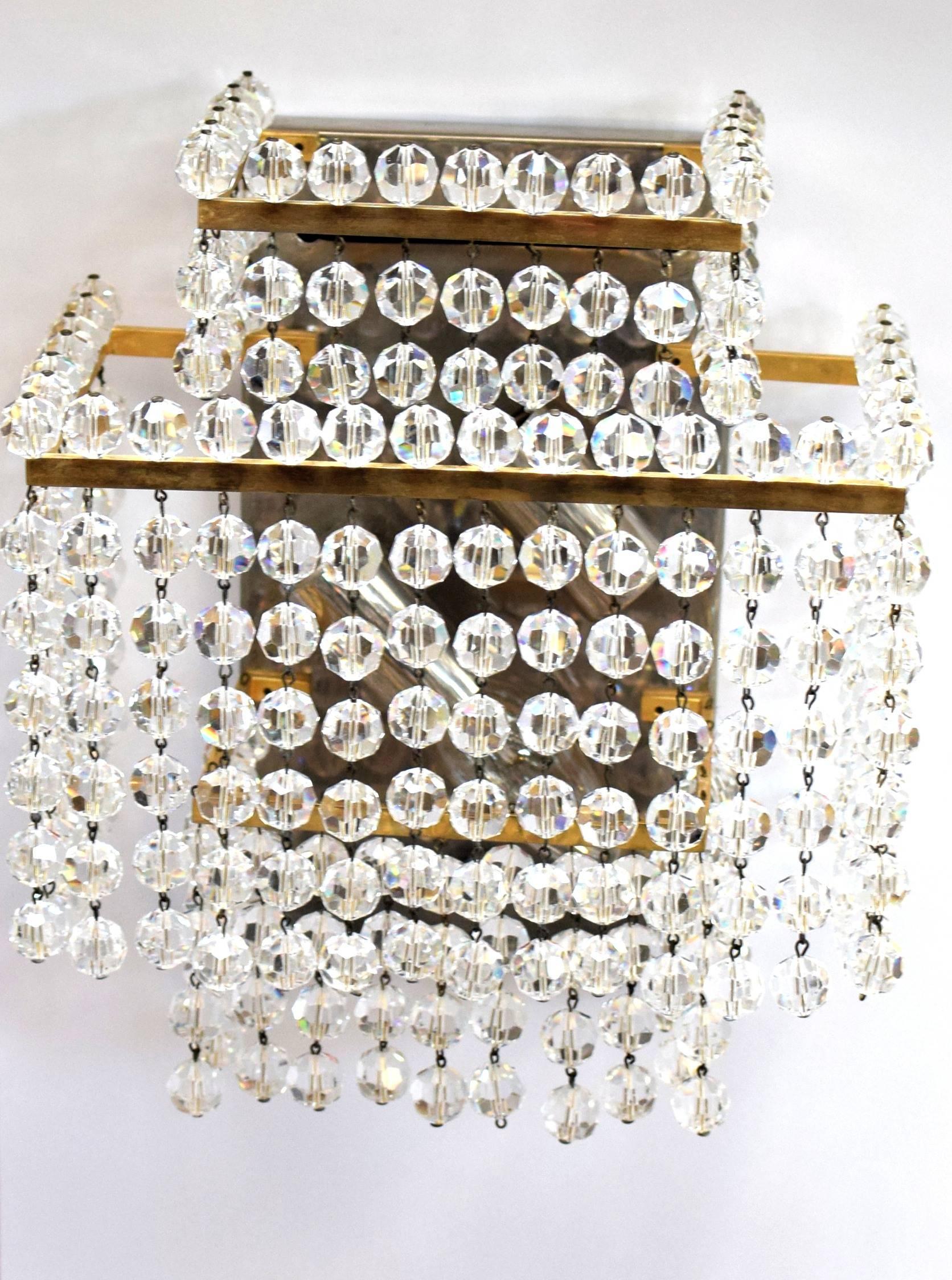 Austrian Pair of Large Lobmeyr Square Gold-Plated, Hand-Cut Crystal and Brass Sconces For Sale