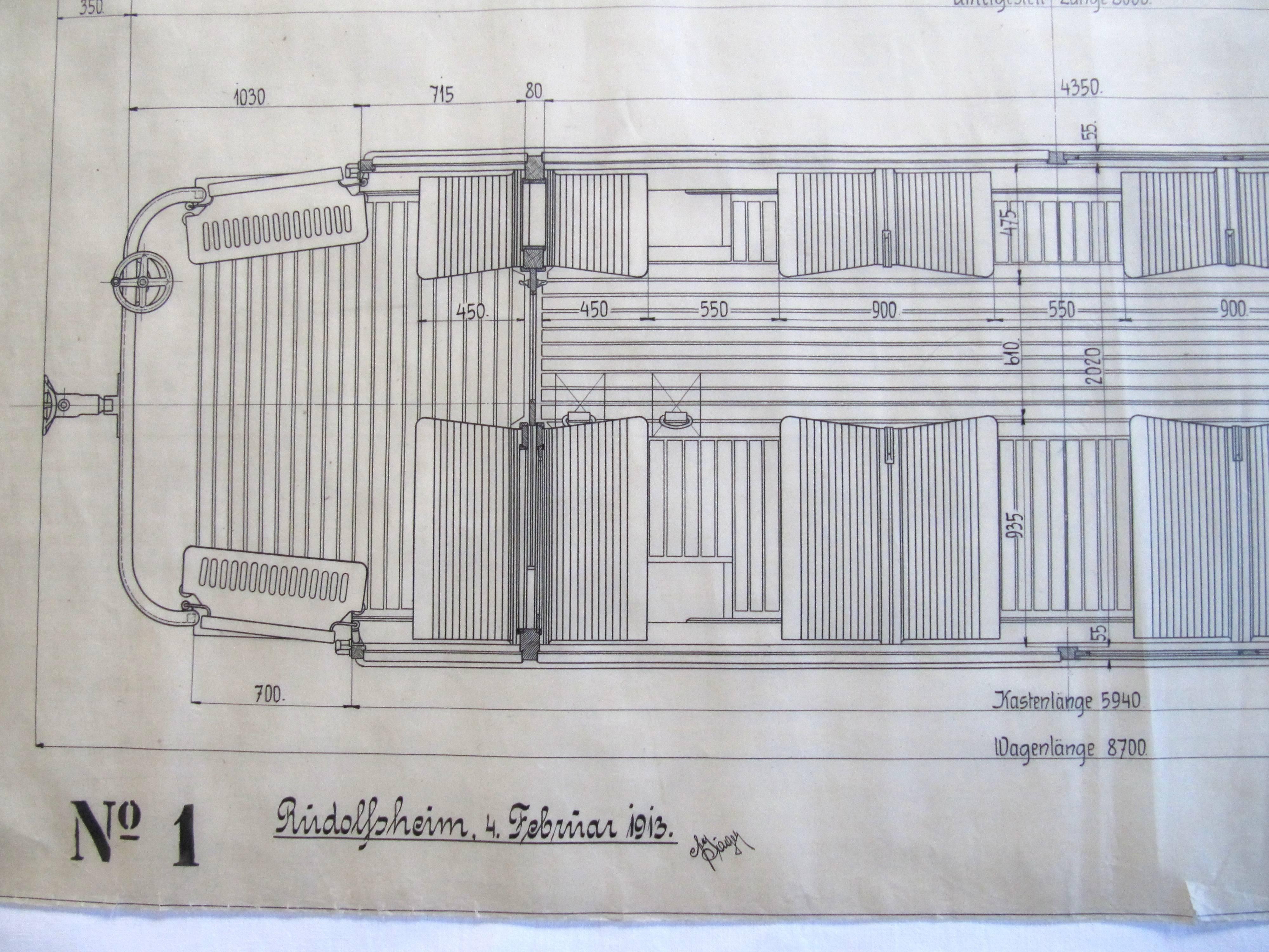 Unique: Very large, original construction plan of the Vienna Tramway sidecar Type u2, no. 3802 (Otto Wagner). Executed in black ink on thick tracing paper (hand-painted). 
Signed. Excellent condition.

Measures: 130 x 85 cm.