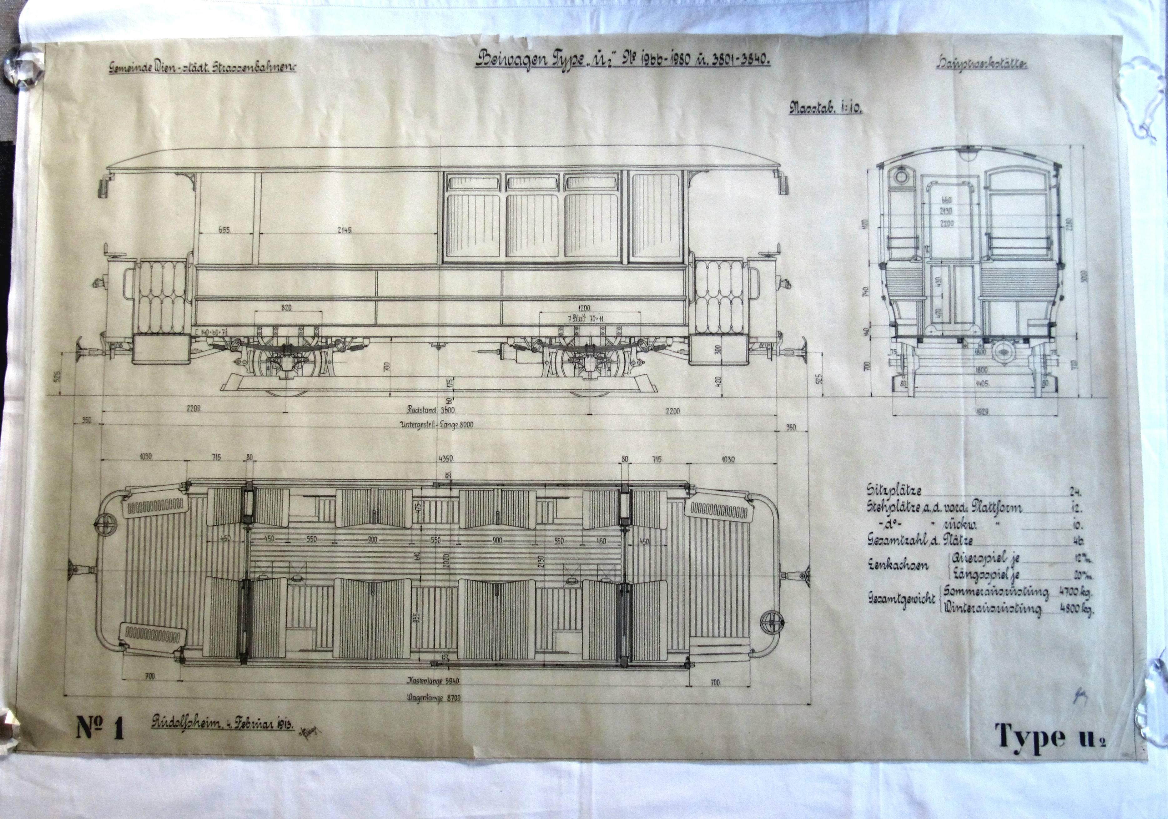 Painted Huge Original Construction Plan Viennese Tramway, 1913 For Sale