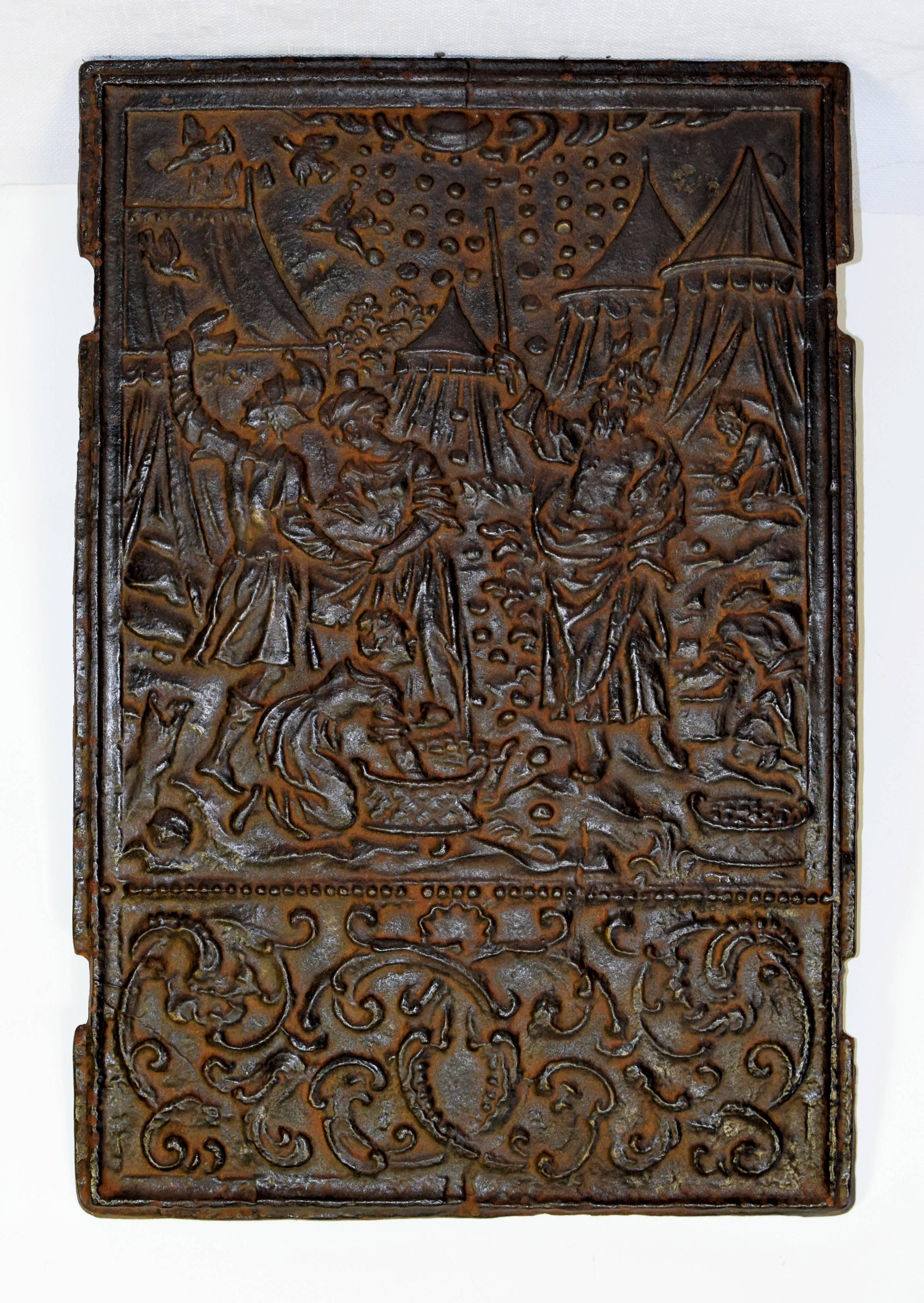 German Early 18th Century Front Fireback, Bible 4, Book of Mose For Sale
