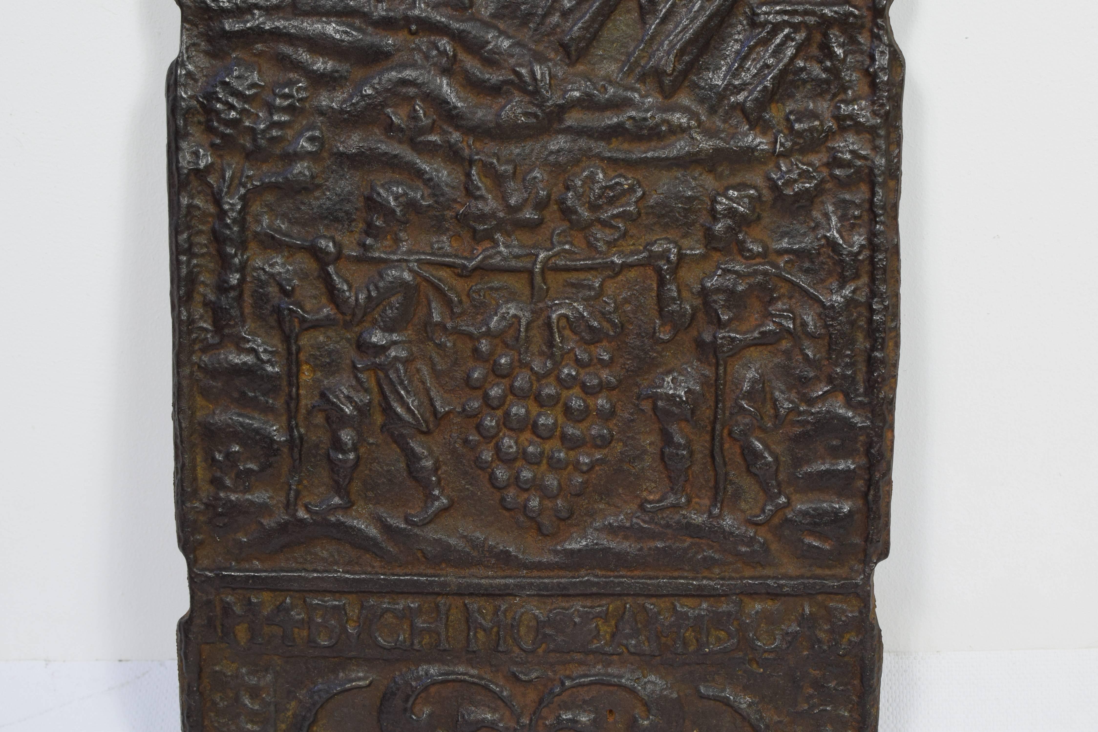 Medieval Early 18th Century Front Fireback: Bible 4. Book of Mose (Promised Country) For Sale