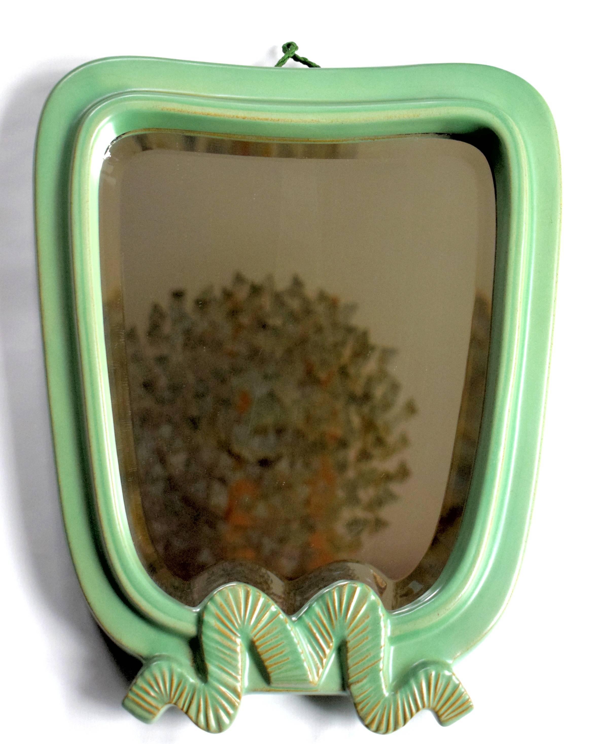 Large Art Deco Green Ceramic Wall Mirror by Gmundner Keramik In Good Condition For Sale In Wien, AT