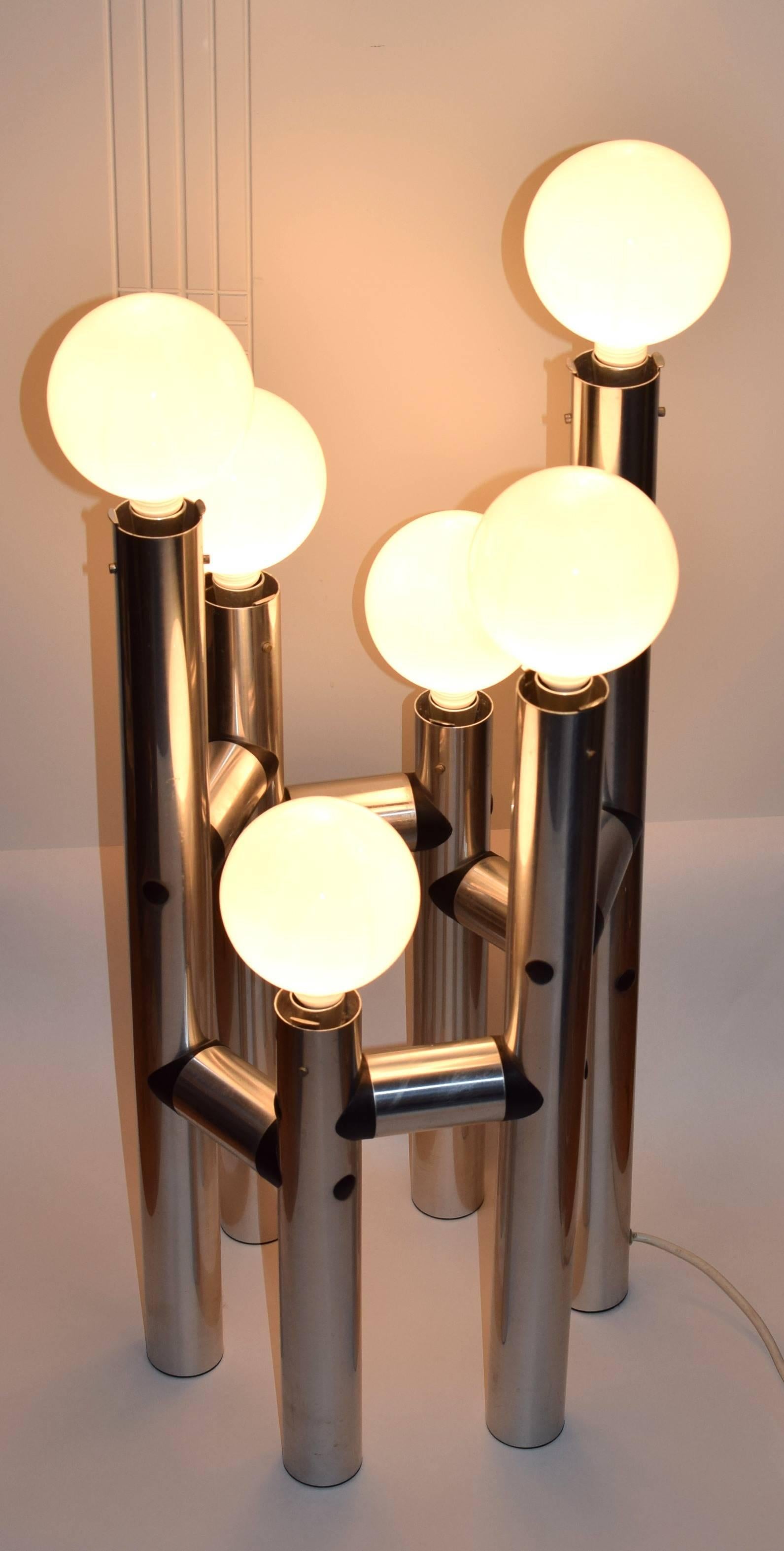 Brushed Large Austrian Modern Polished Aluminium Six-Light Table Lamp, Kalmar For Sale
