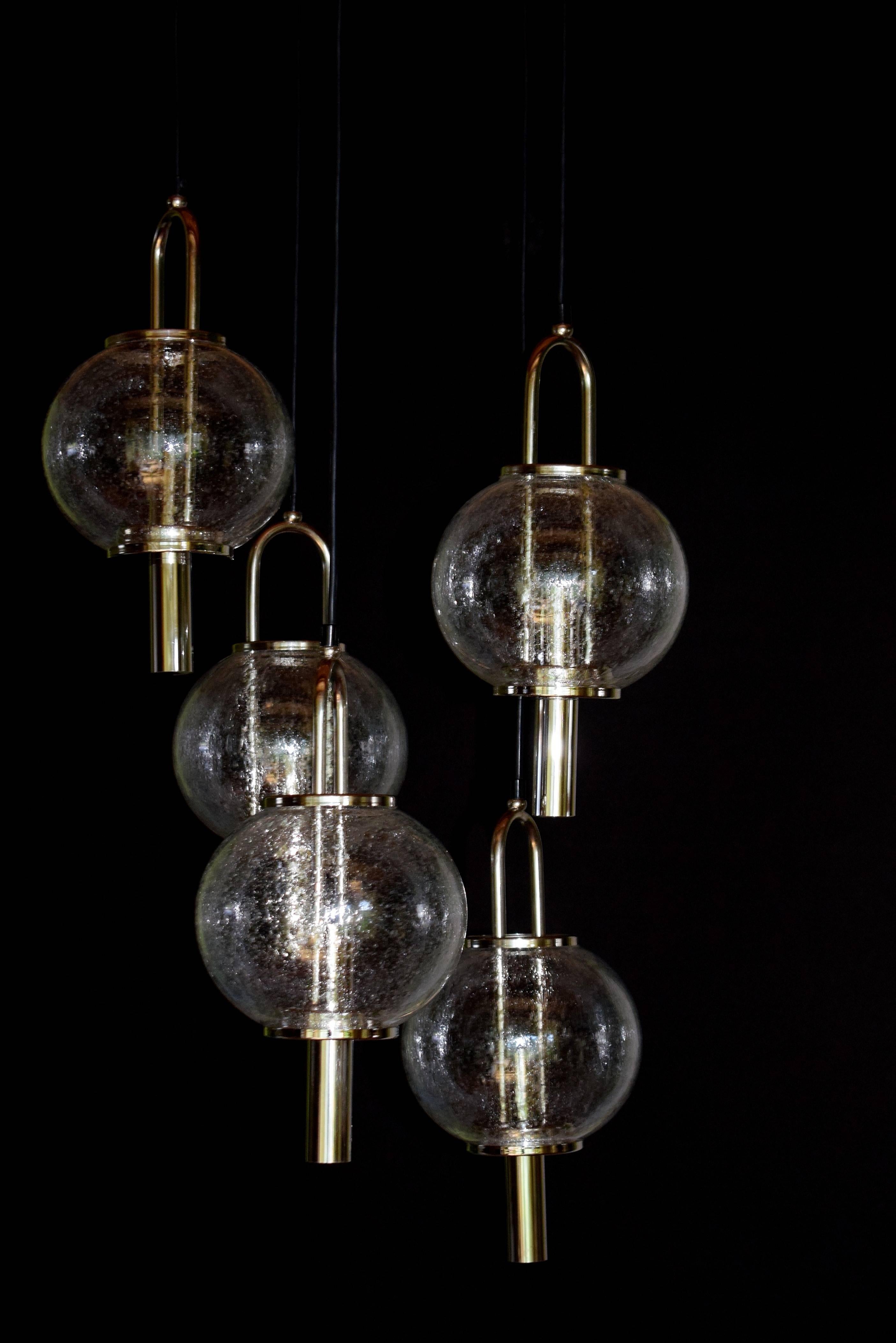 Brass Stunning Mid-Century Modernist Glass Ball Chandelier by Kalmar For Sale
