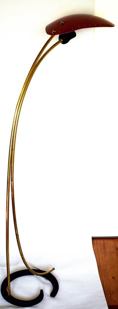 Red Midcentury Charming Arredoluce Attributed Floor Brass Table Lamp, 1950s