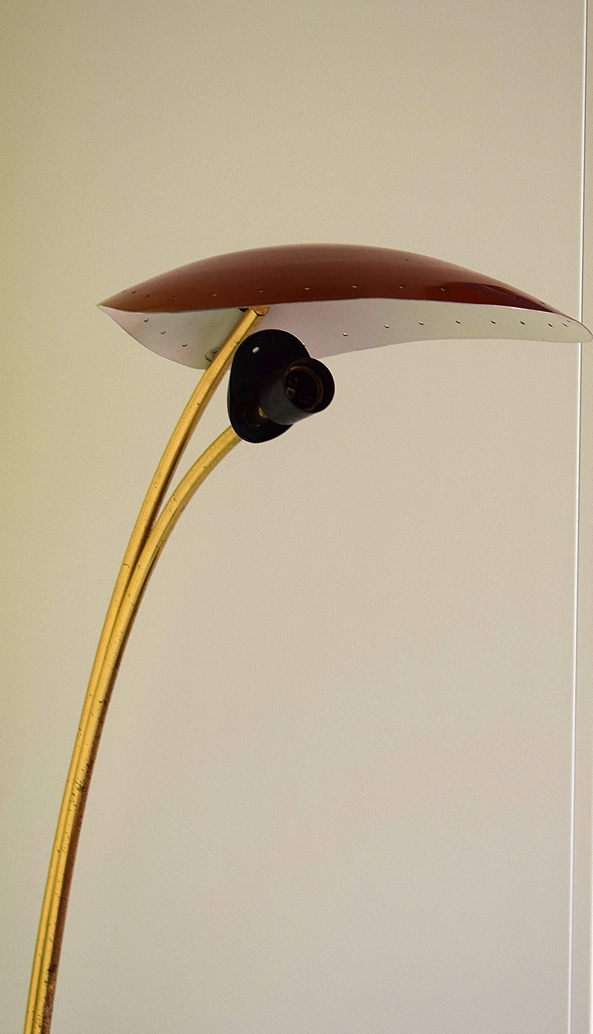 Enameled Red Midcentury Charming Arredoluce Attributed Floor Brass Table Lamp, 1950s For Sale