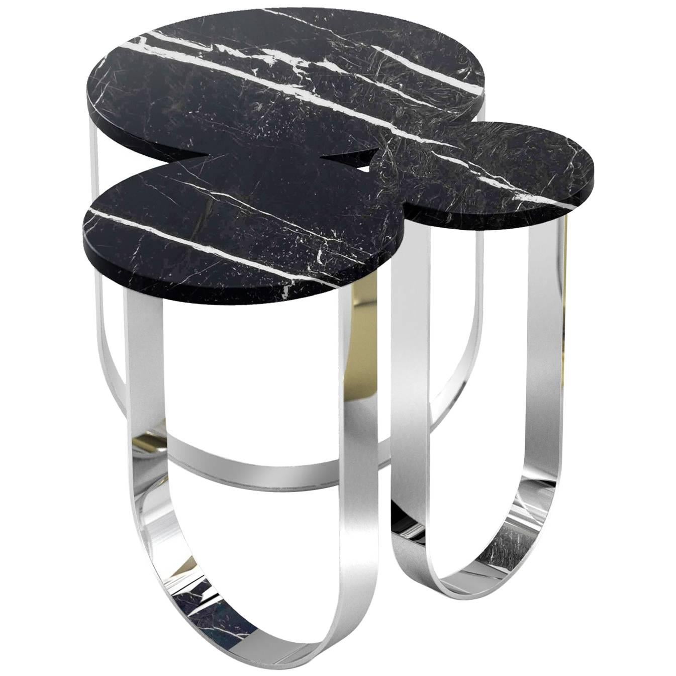 Side Table Curved Design Black Marble Top Mirror Steel Rings Structure Italy For Sale