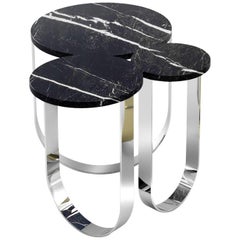 Side Table Curved Design Black Marble Top Mirror Steel Rings Structure Italy