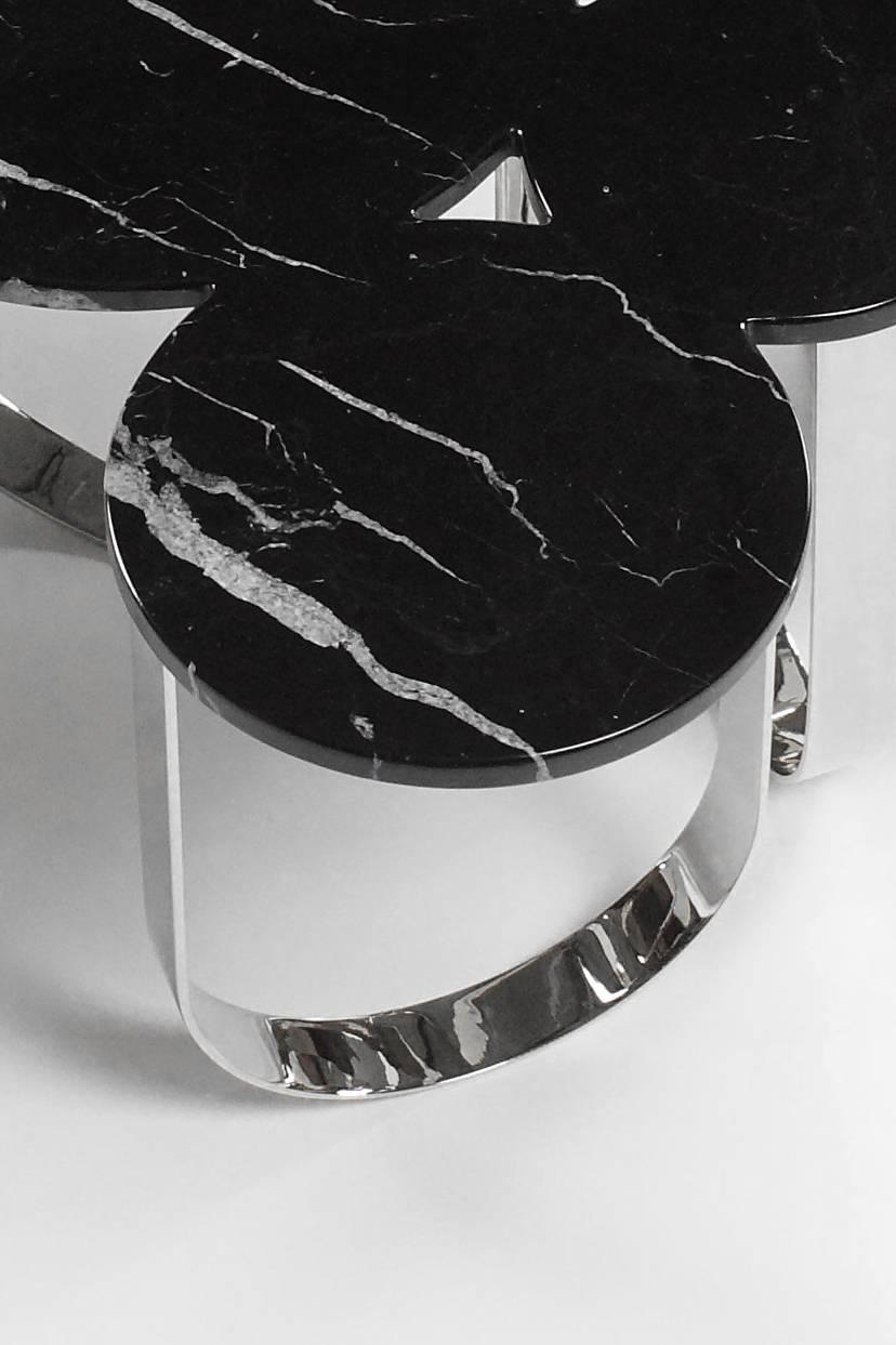 Modern Side Table Curved Design Black Marble Top Mirror Steel Rings Structure Italy For Sale