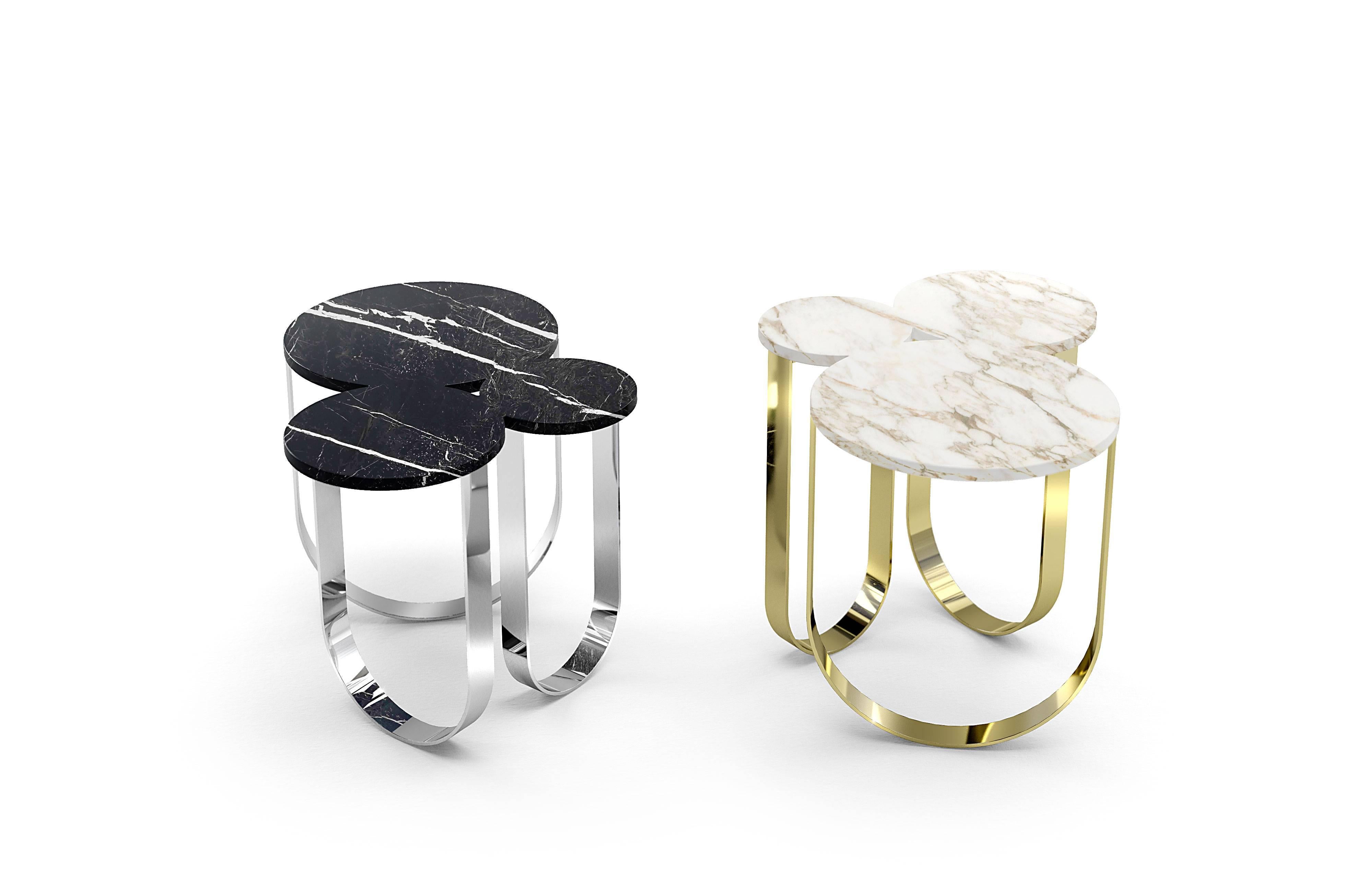 Mesa Auxiliar Diseño Curvo Tablero Mármol Negro Estructura Anillos Acero Espejo Italia Italiano en venta