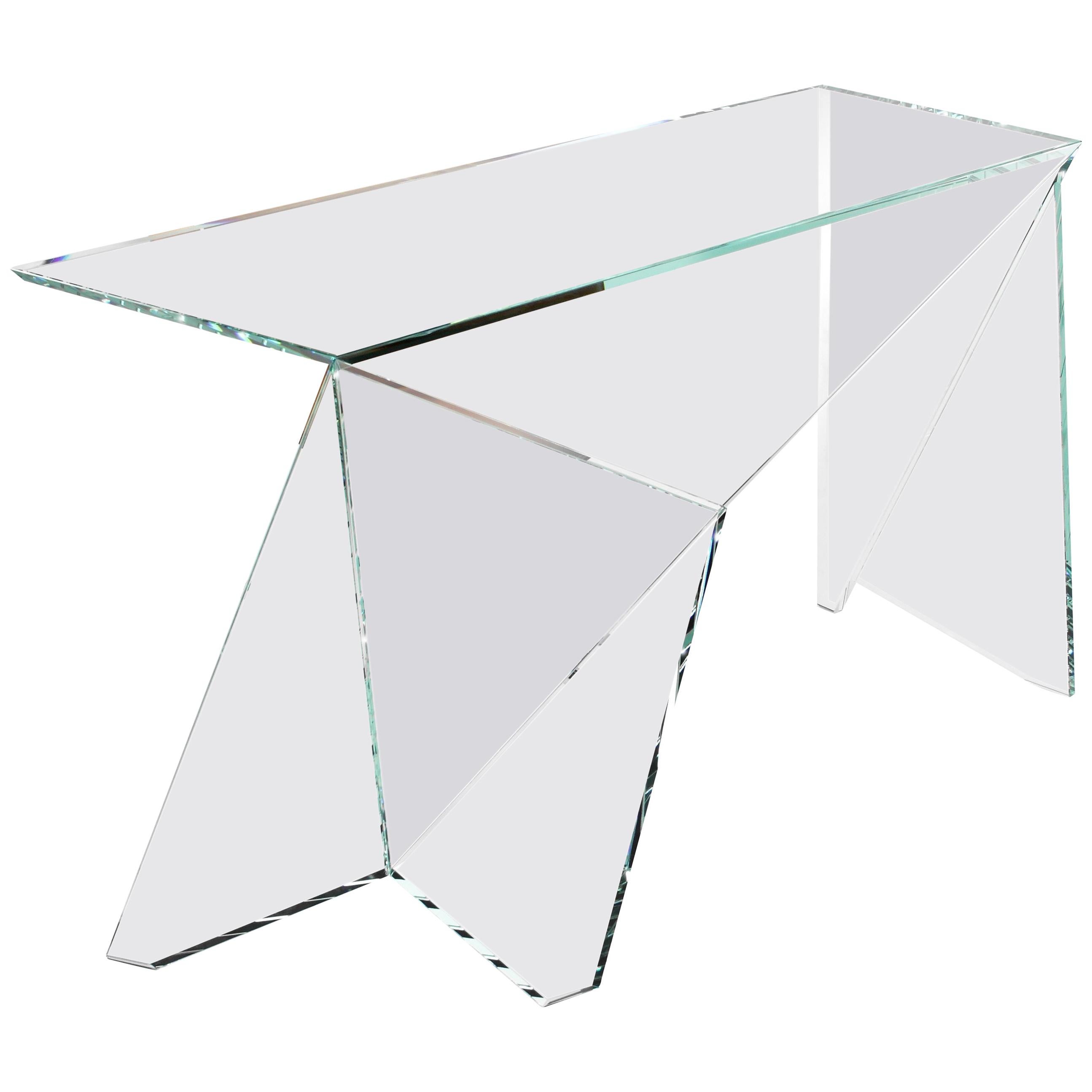 Schreibtisch oder Schreibtisch aus Kristallglas im Origami-Design mit Sammlerstücken im Angebot