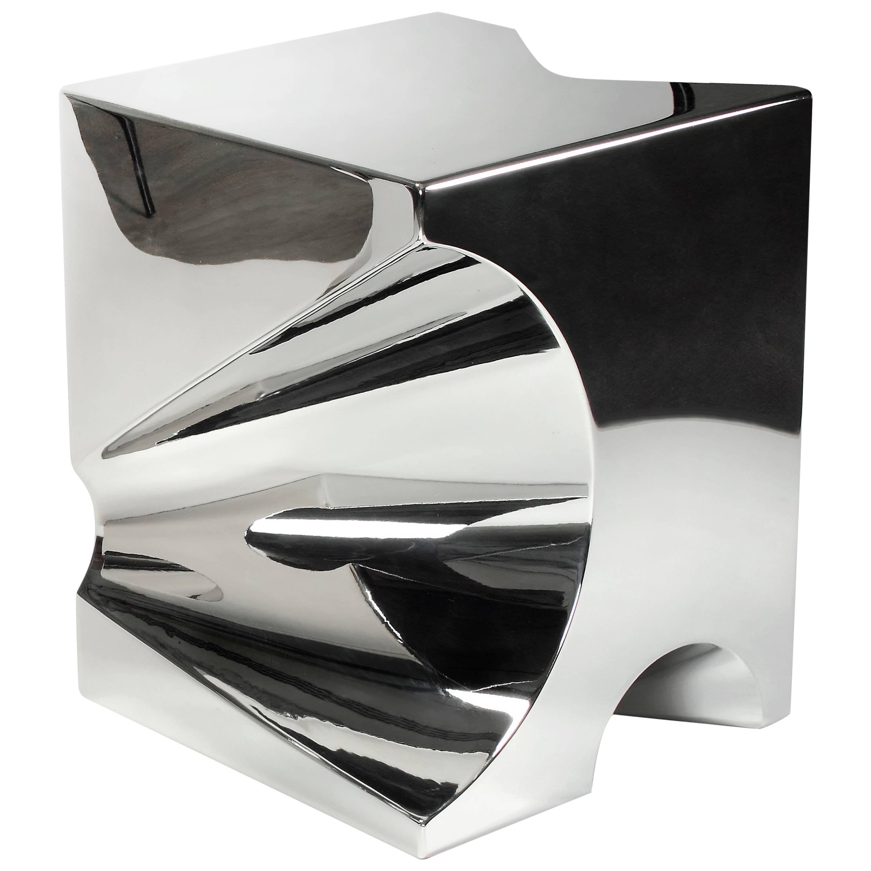 Side or End Table Abstract Sculpture Cube Mirror Steel Collectible Design Italy