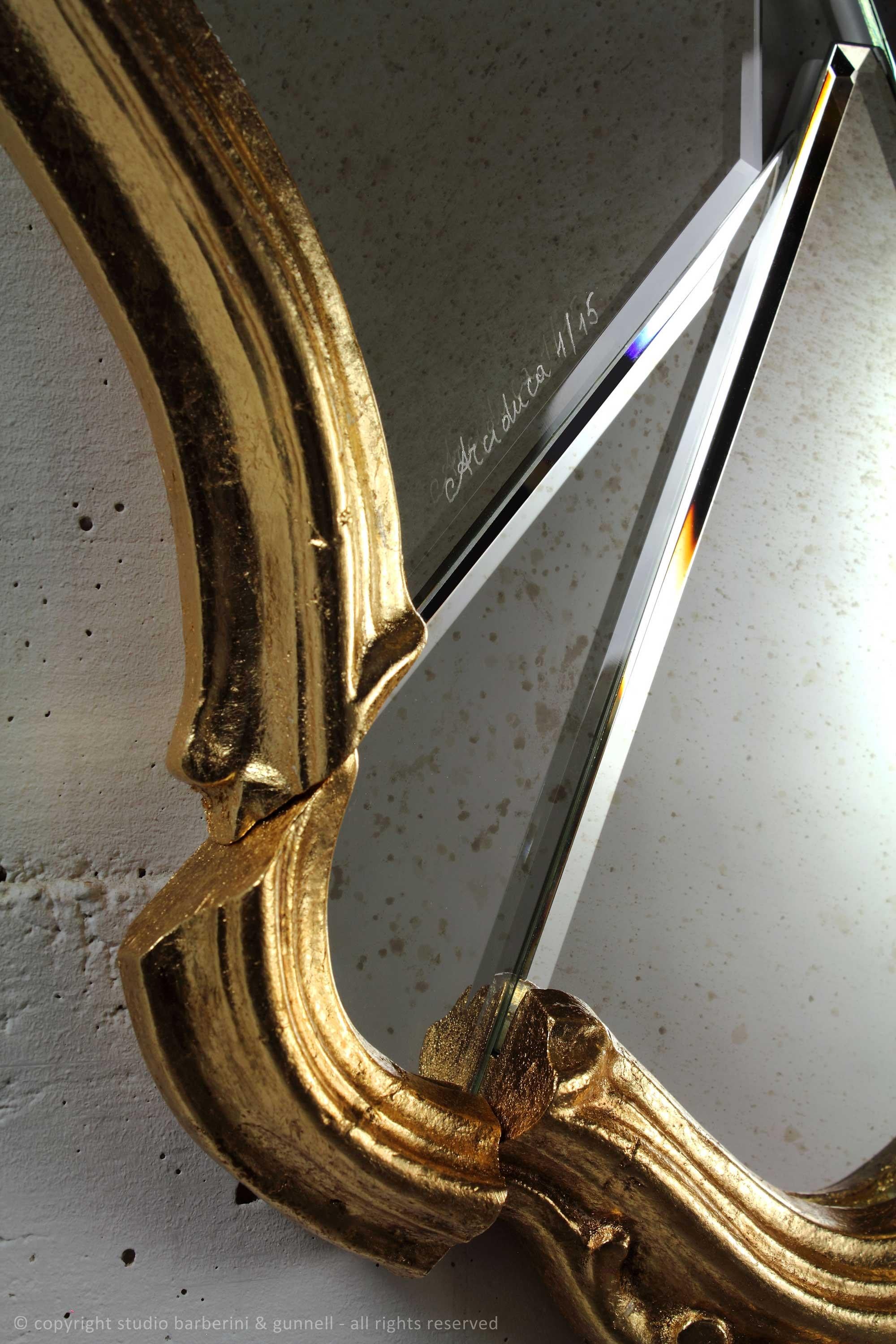 Rococut 'Arciduca'. Series of mirrors called 'Arciduca' made up of four different mirrors. Each mirror has its own aristocratic name and comes in a limited edition of 15. 
The Rococut mirror has frame in gold-plated wood and an antiquate mirror