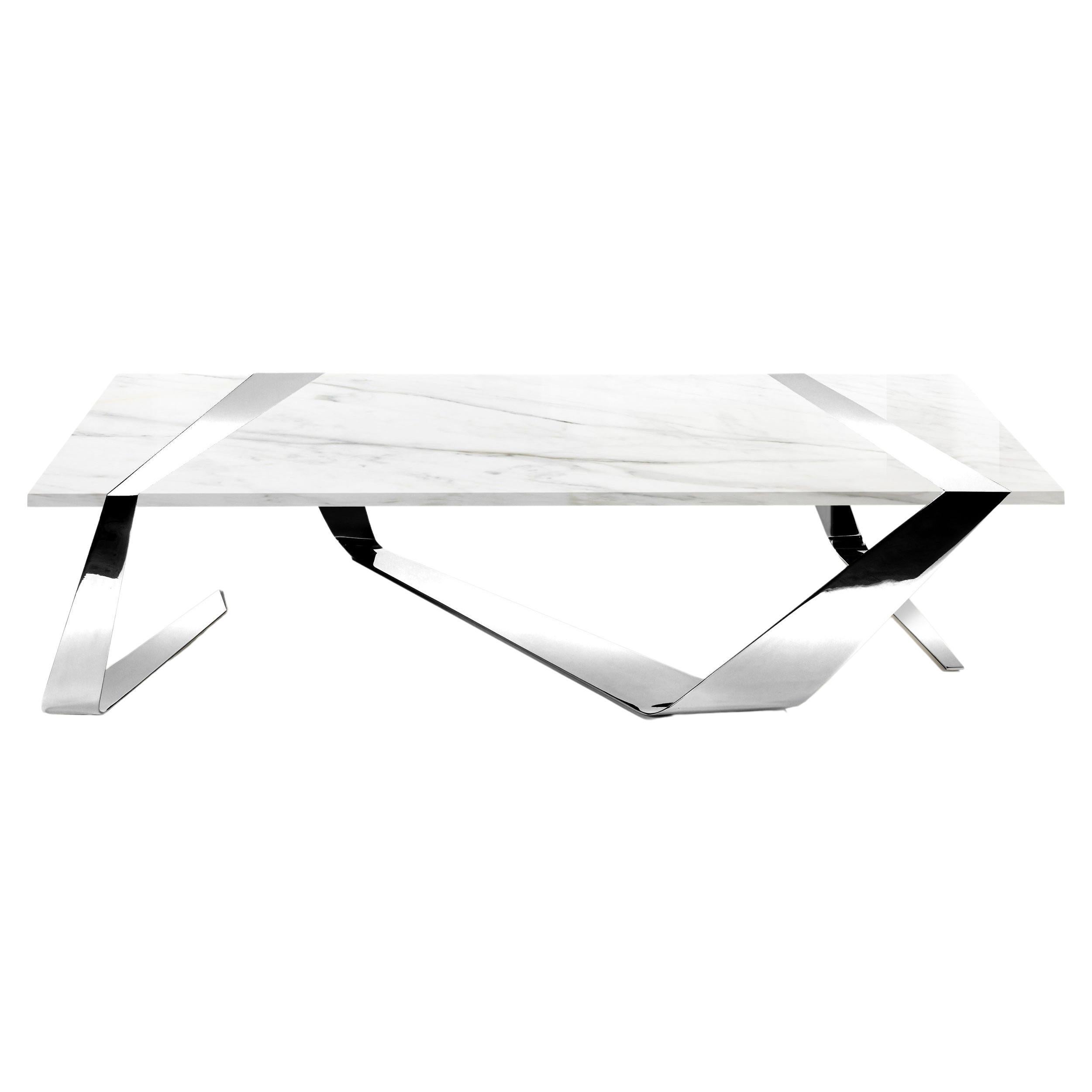 Table basse de forme géométrique en marbre blanc de Carrare et miroir en acier inoxydable