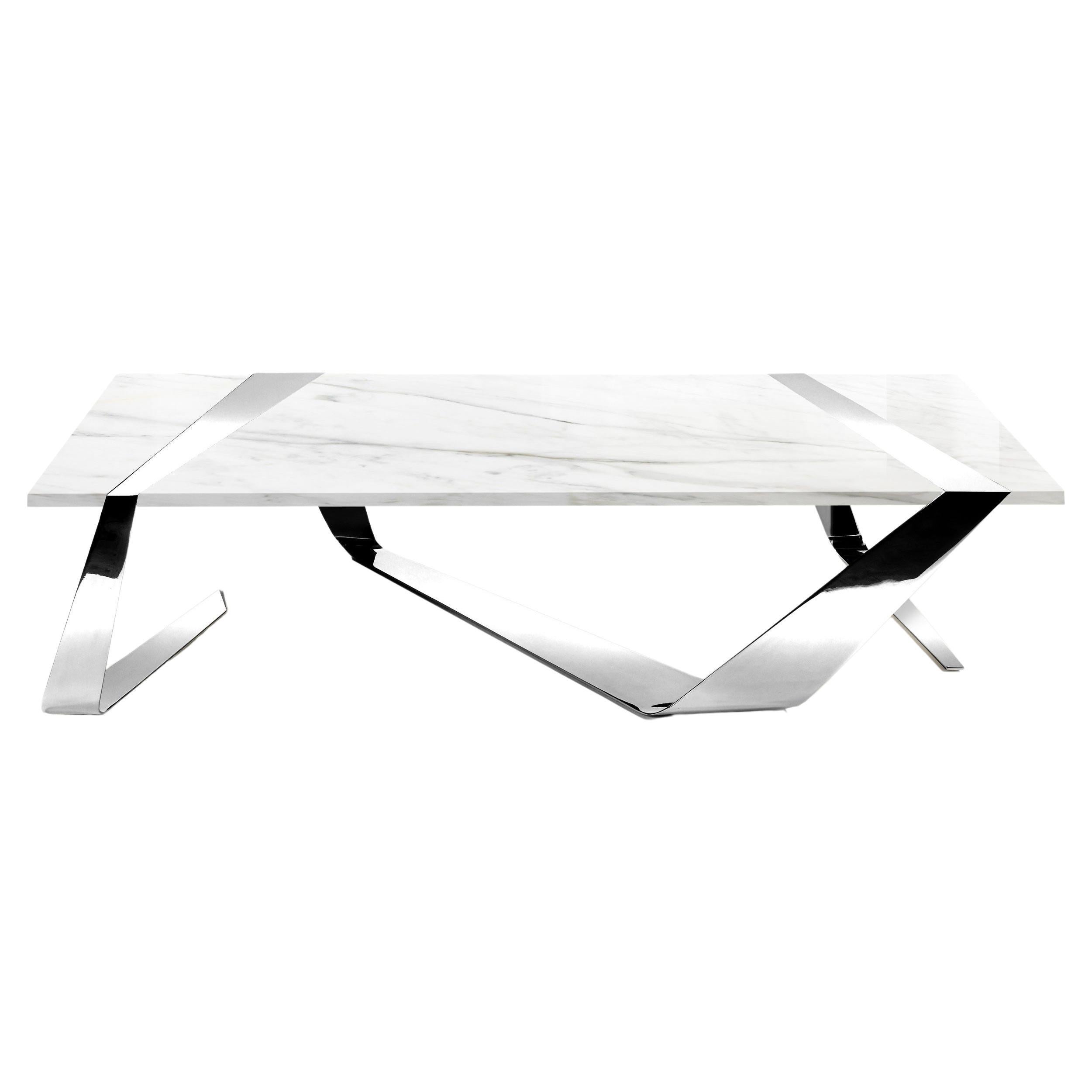 Couchtisch Geometrische Form Weißer Carrara Marmor Spiegel Rostfreier Stahl im Angebot