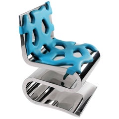 Chair Armchair Mirror Metal Steel Blue Leather Upholster Curvy Shaped Design