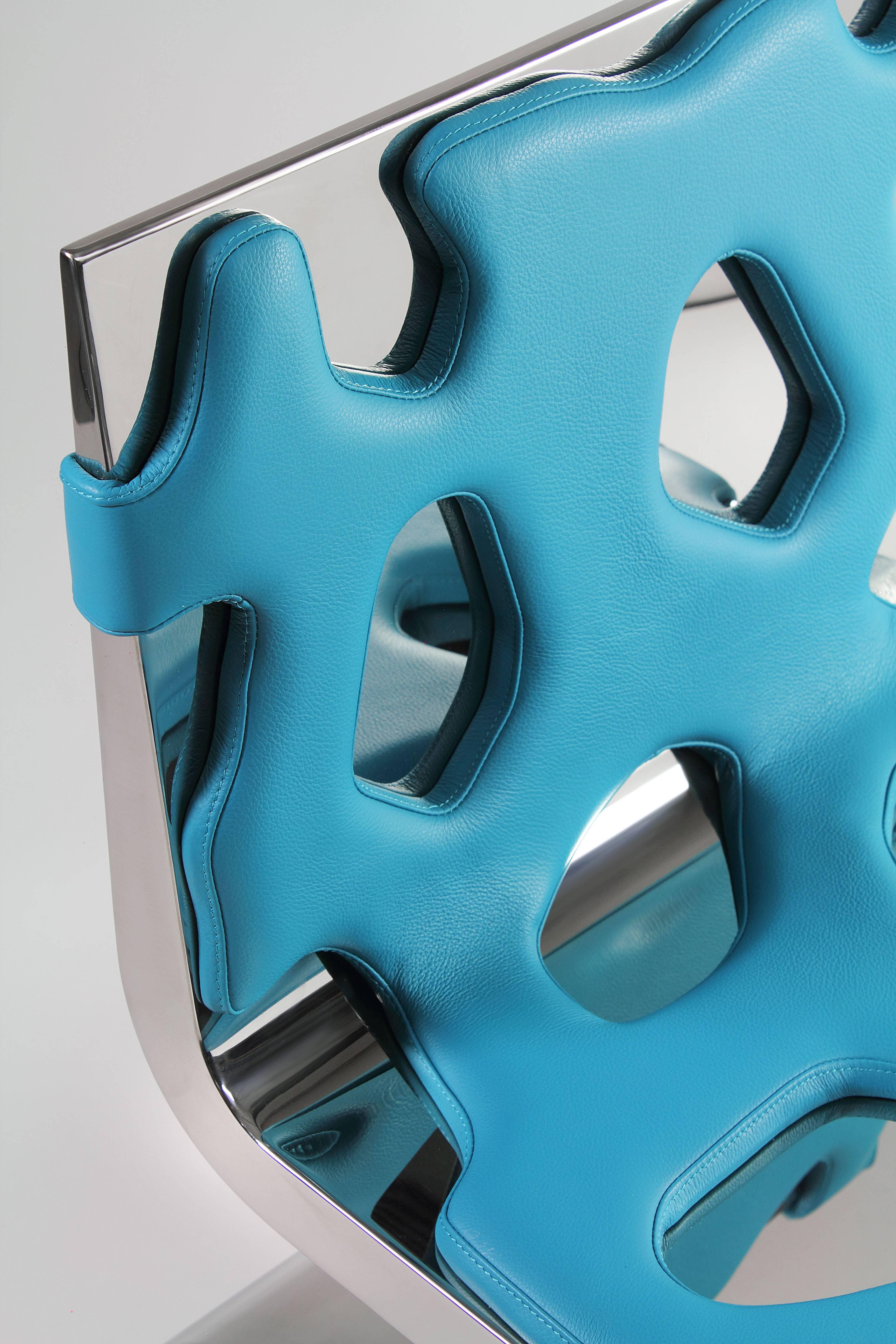 Sessel Sessel, Spiegel, Metall, Stahl, blau, Leder, gebogenes Design (Italienisch) im Angebot